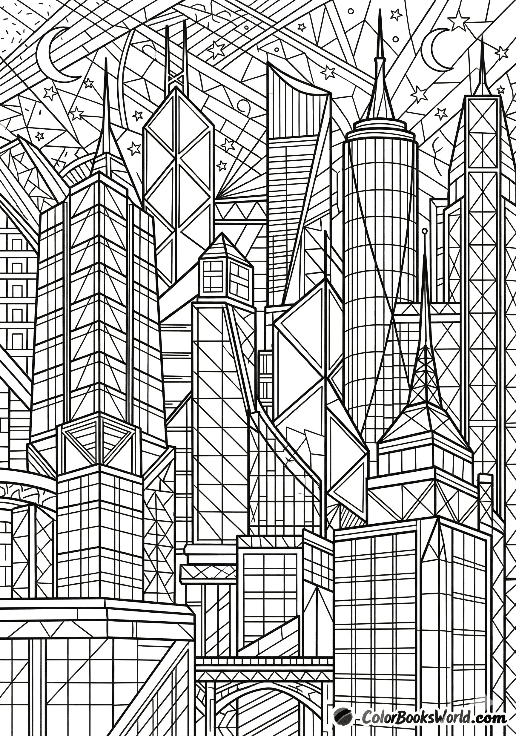 Eine geometrische Linienzeichnung von modernen Wolkenkratzern und Glasgebäuden unter einem Sternenhimmel.