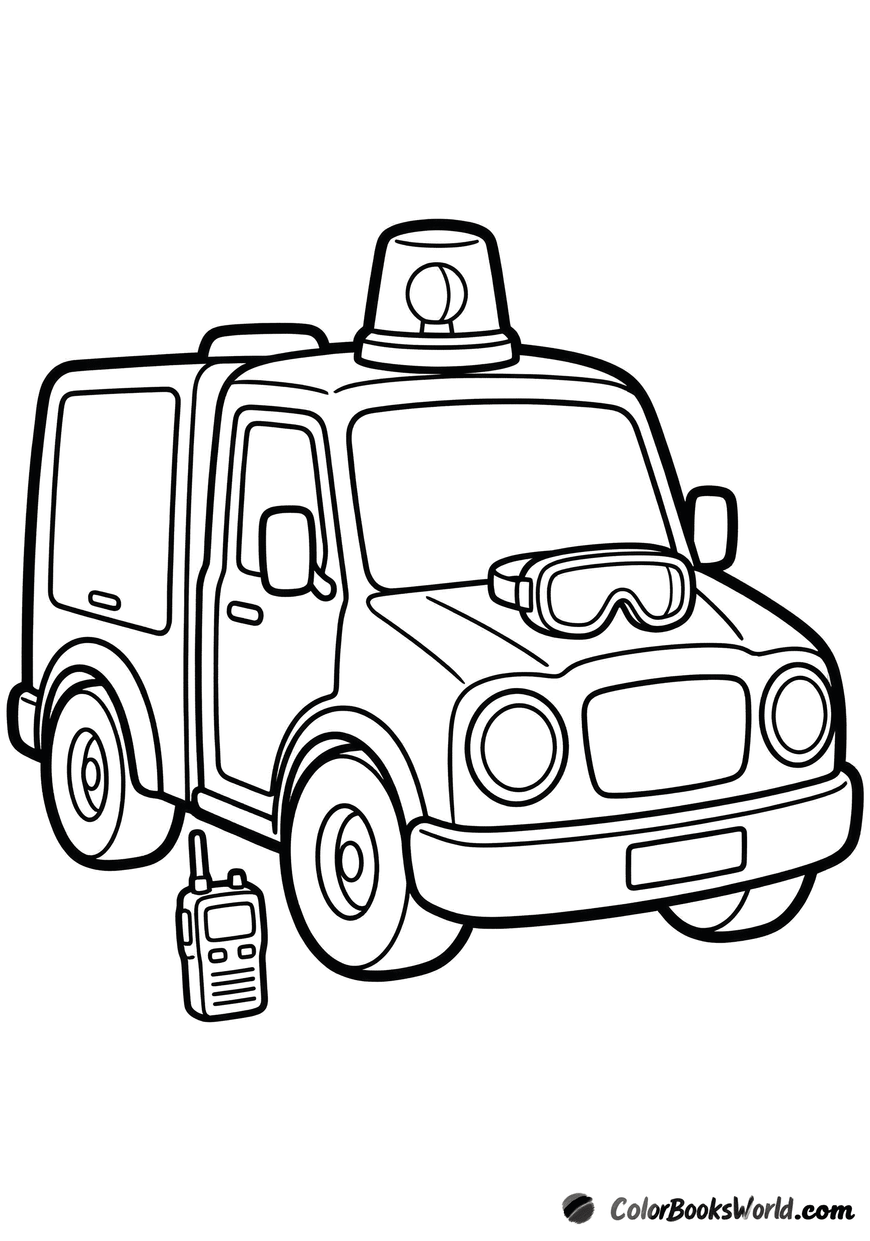 Modern fire engine with a roof siren, safety goggles on the hood, and a walkie-talkie on the ground.