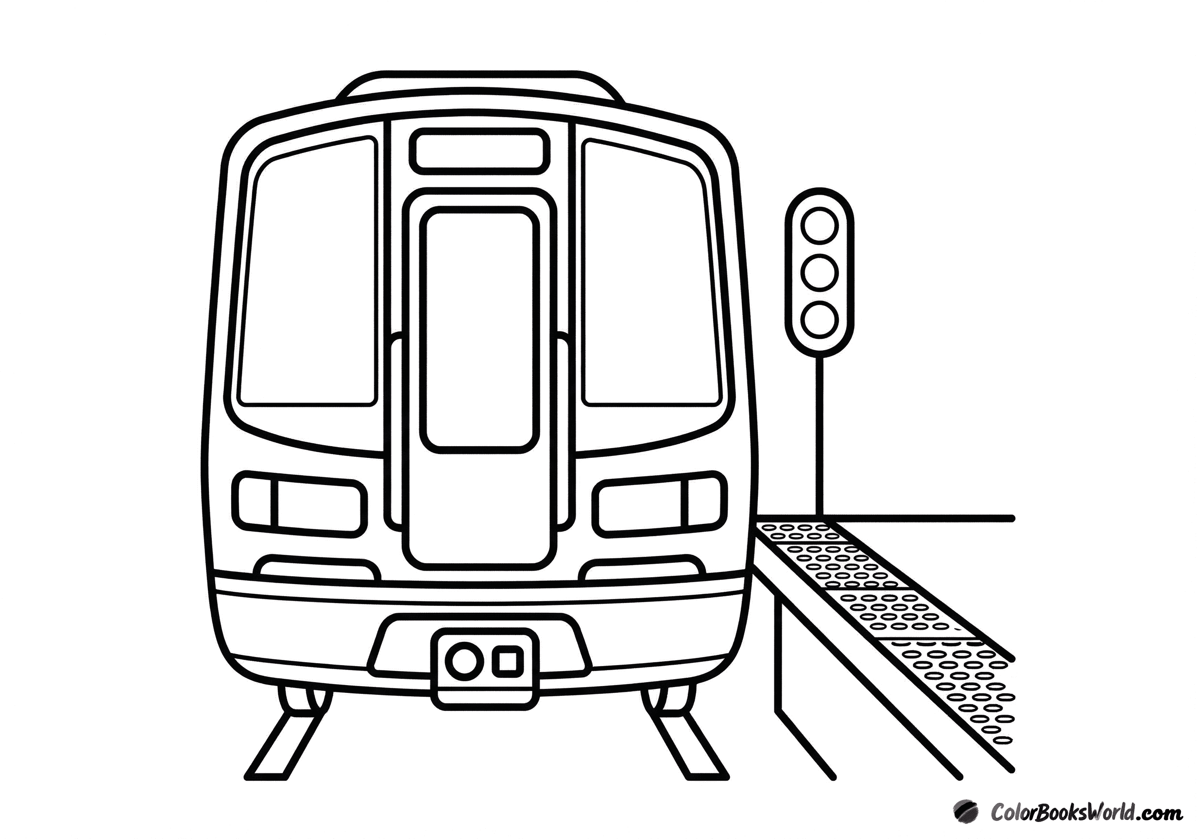 Front view of a modern subway train at a station platform beside a signal light.