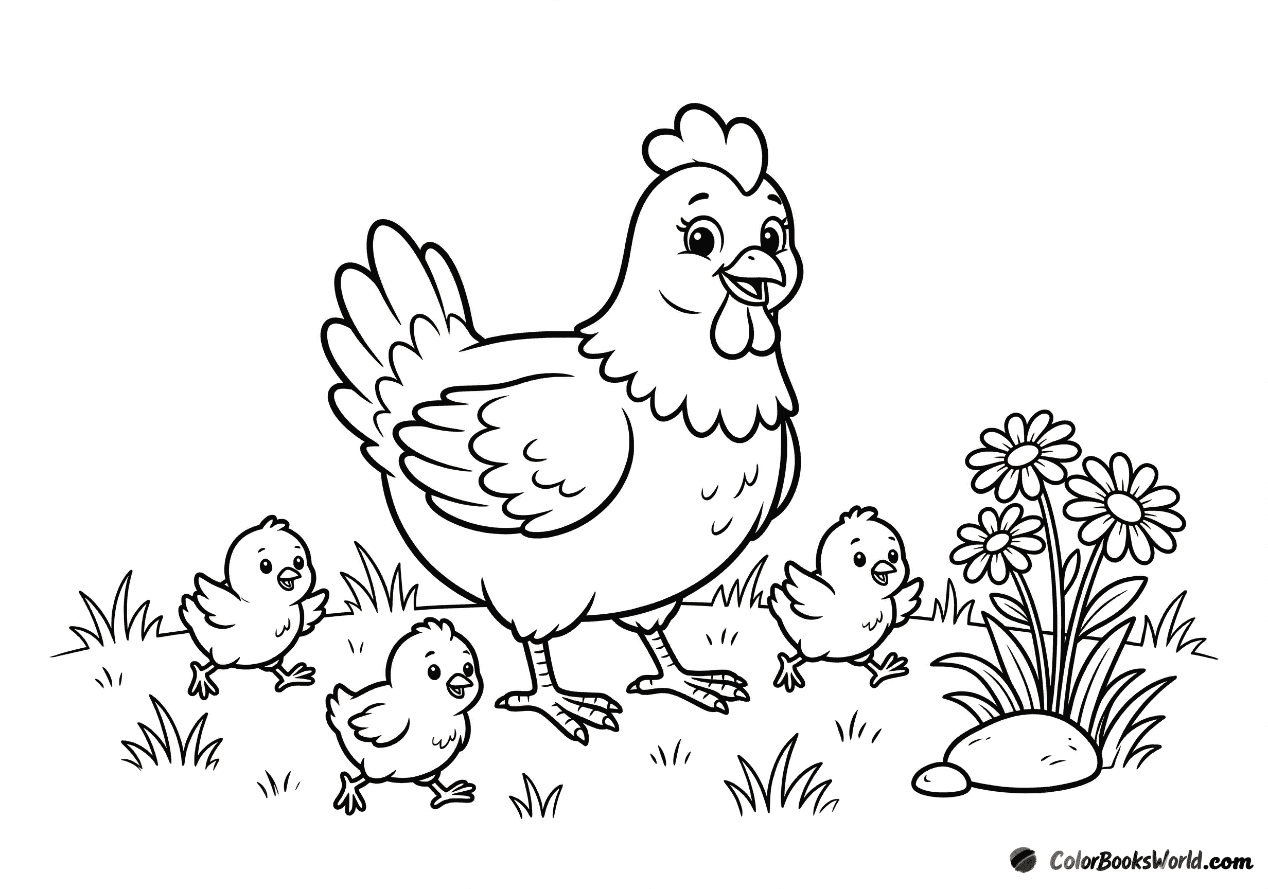 A mother hen stands in a meadow with four fluffy chicks, a daisy, and a small pebble.