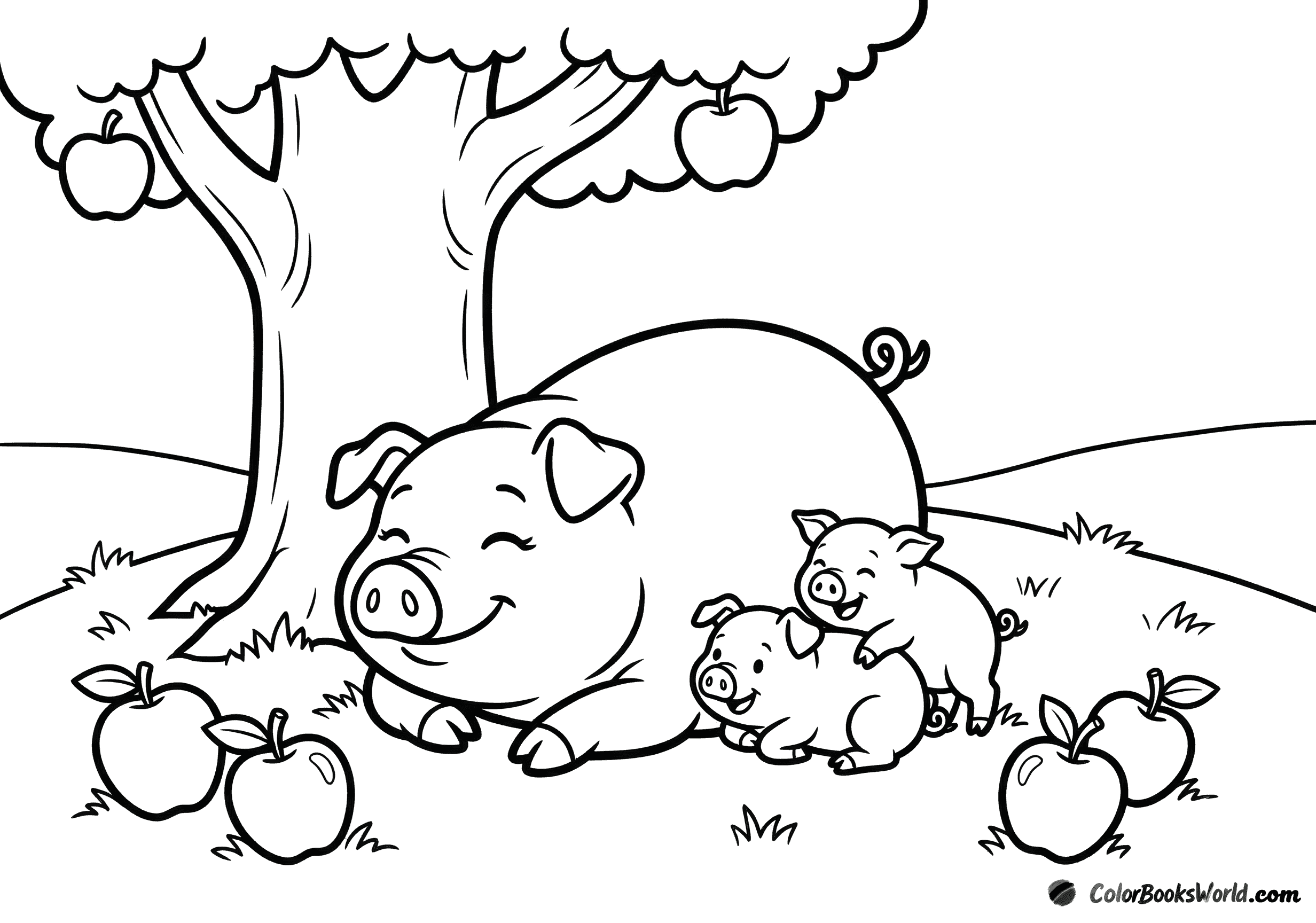 A mother pig lies under an apple tree with two piglets cuddled close beside her.