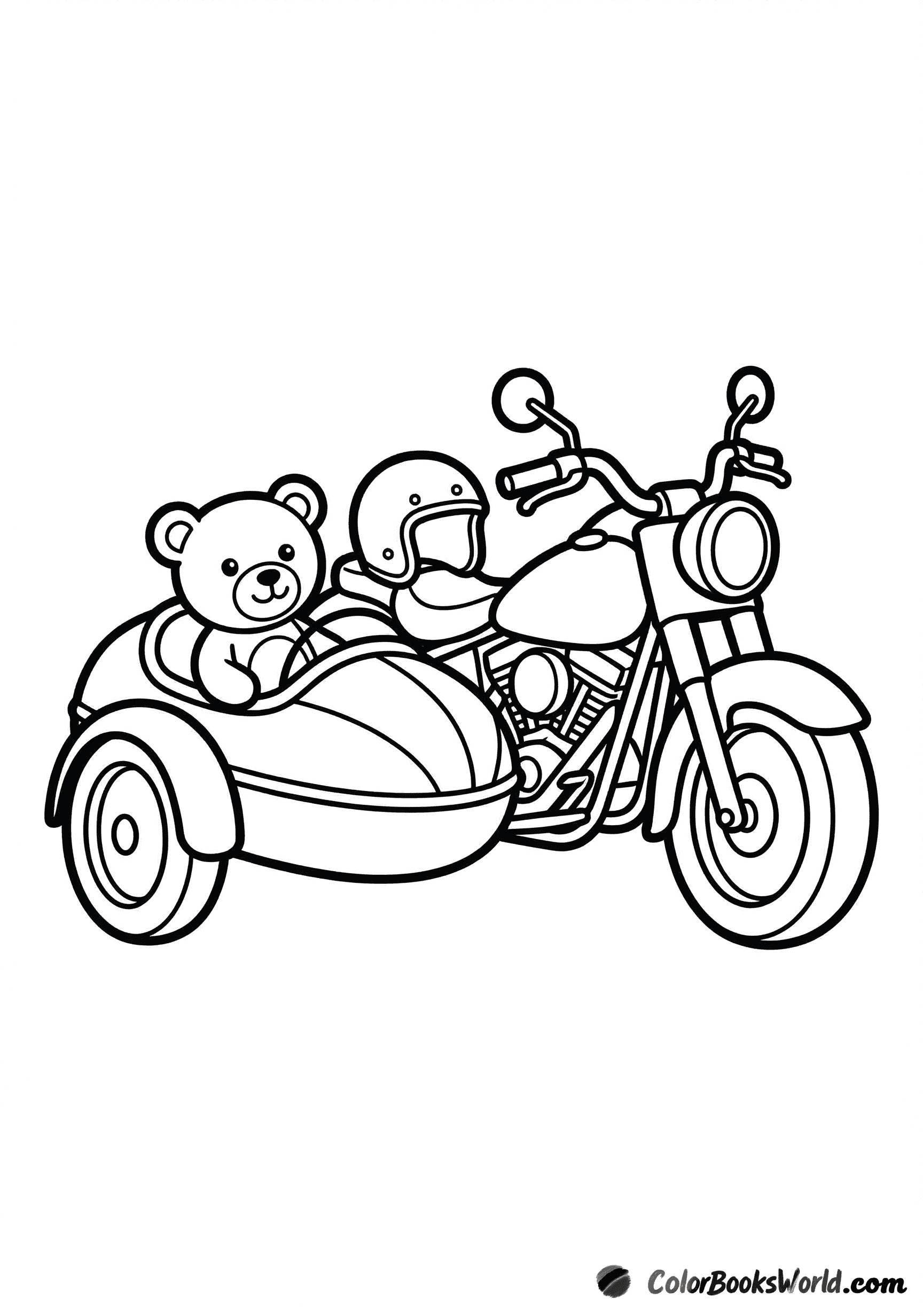 A classic motorcycle with a sidecar carrying a teddy bear, with a helmet on the seat.