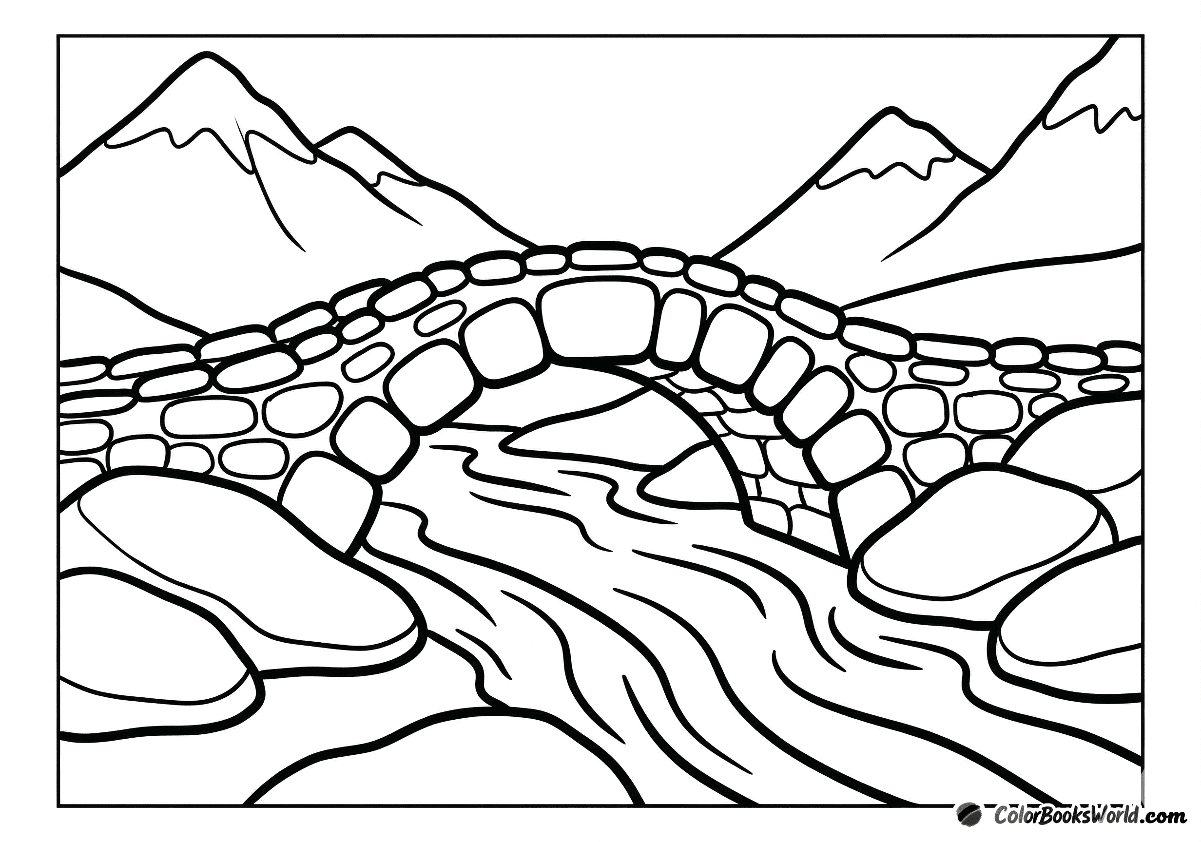 Arched stone bridge over a flowing mountain stream with large rocks and distant peaks.