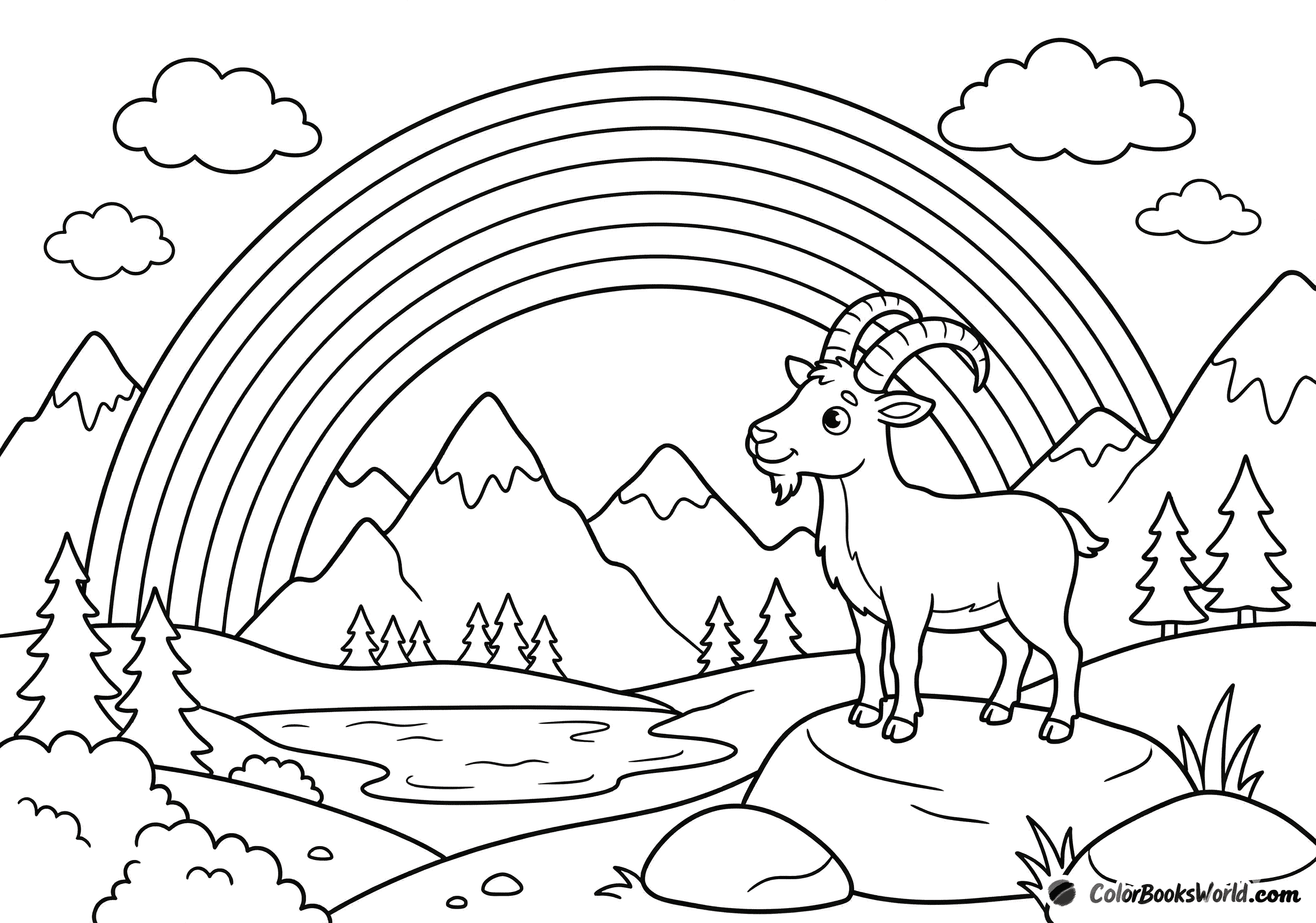 A cartoon mountain goat stands on a rock, looking at a rainbow above mountains and a lake.