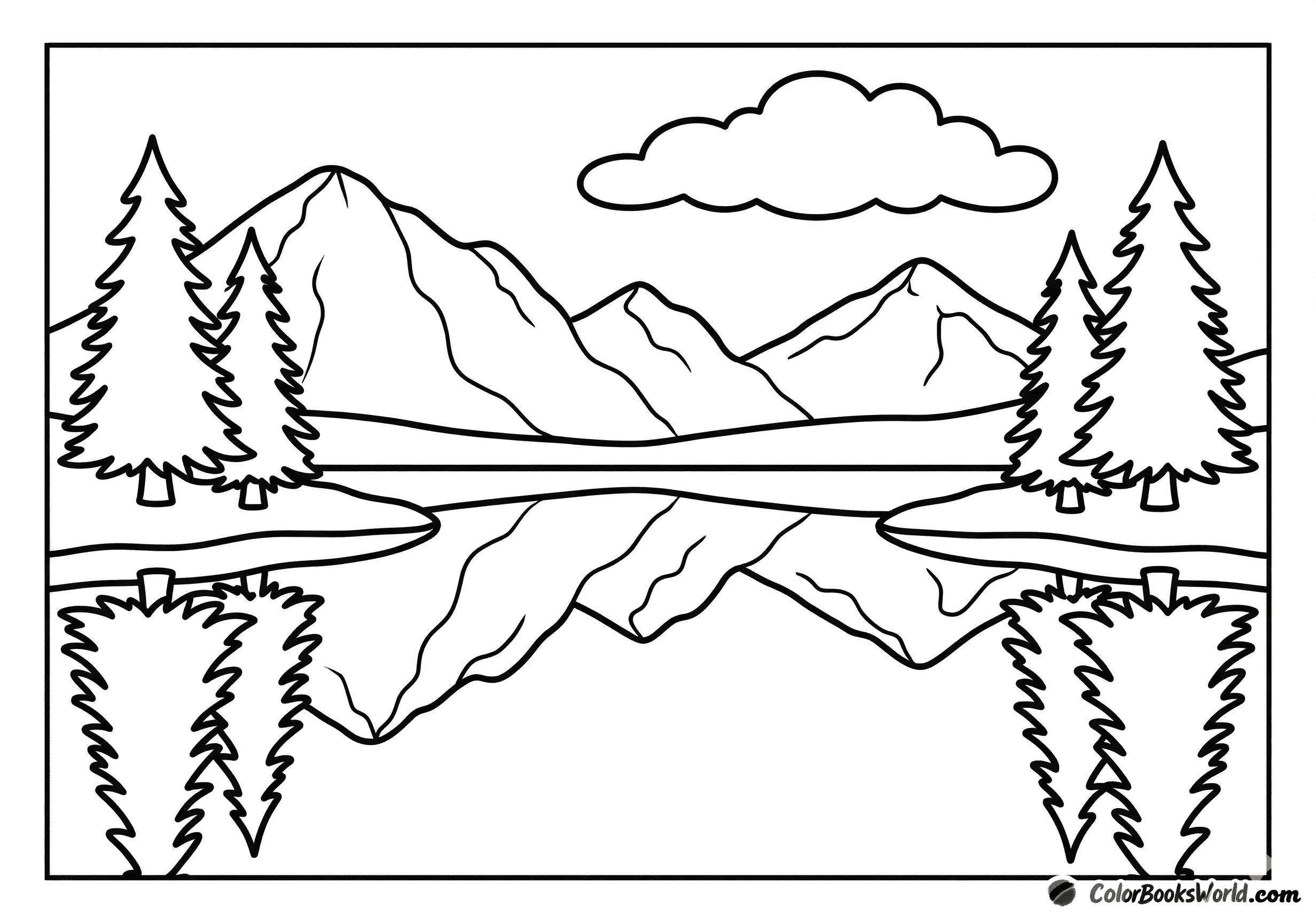 A calm mountain lake reflecting distant peaks, with two tall pine trees on the shore.