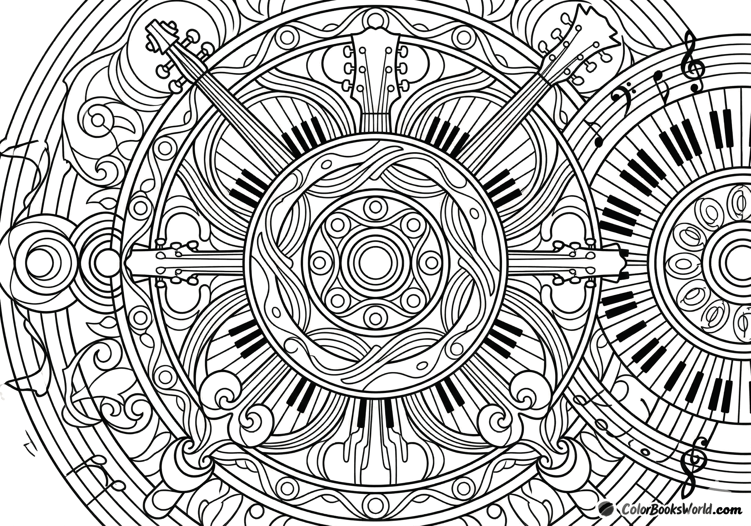 Radial mandala with guitar necks, piano keys, and musical notes arranged in symmetry.