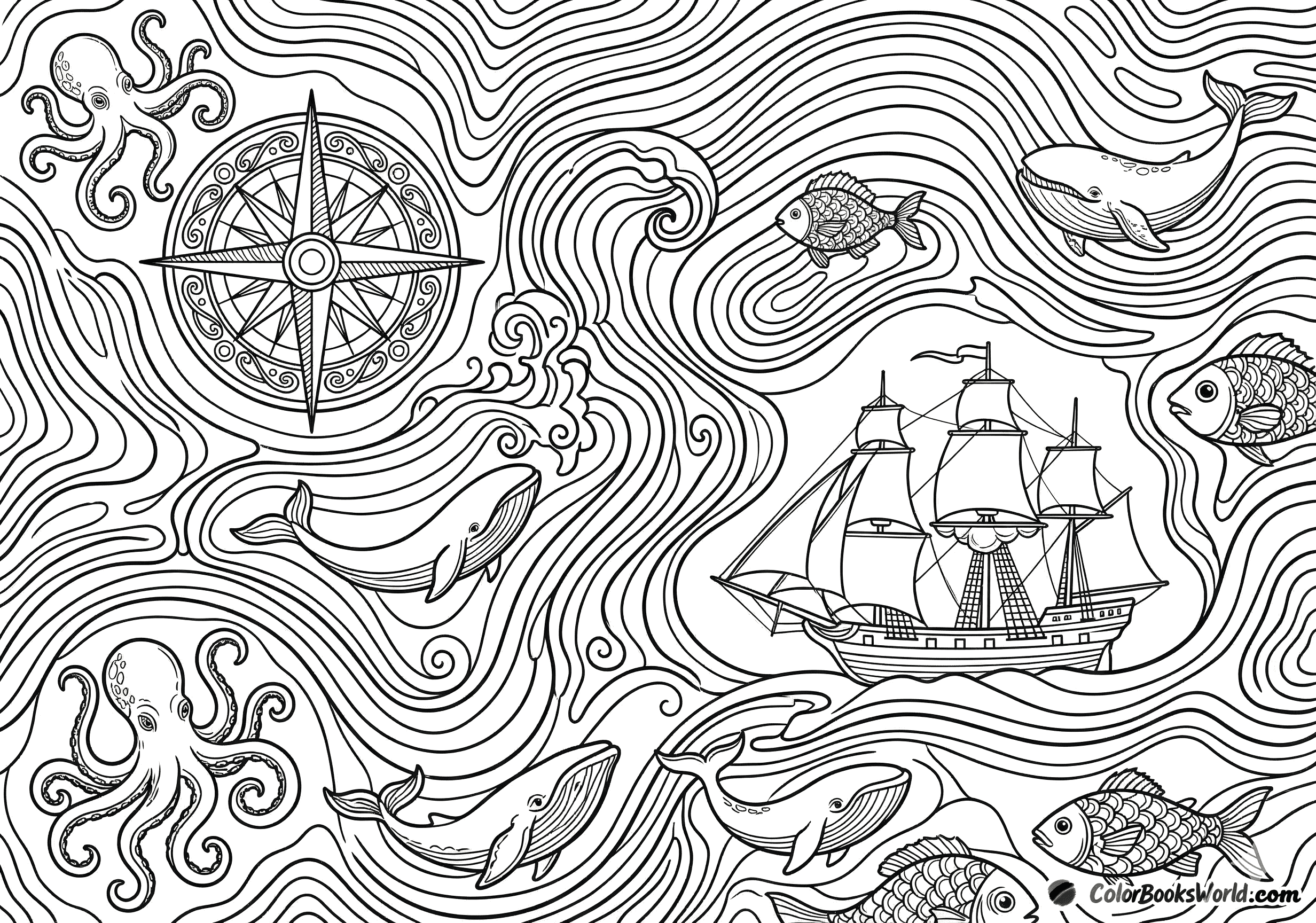 Intricate line art of a vintage sailing ship surrounded by a compass rose, octopuses, whales, and fish among wavy sea lines.