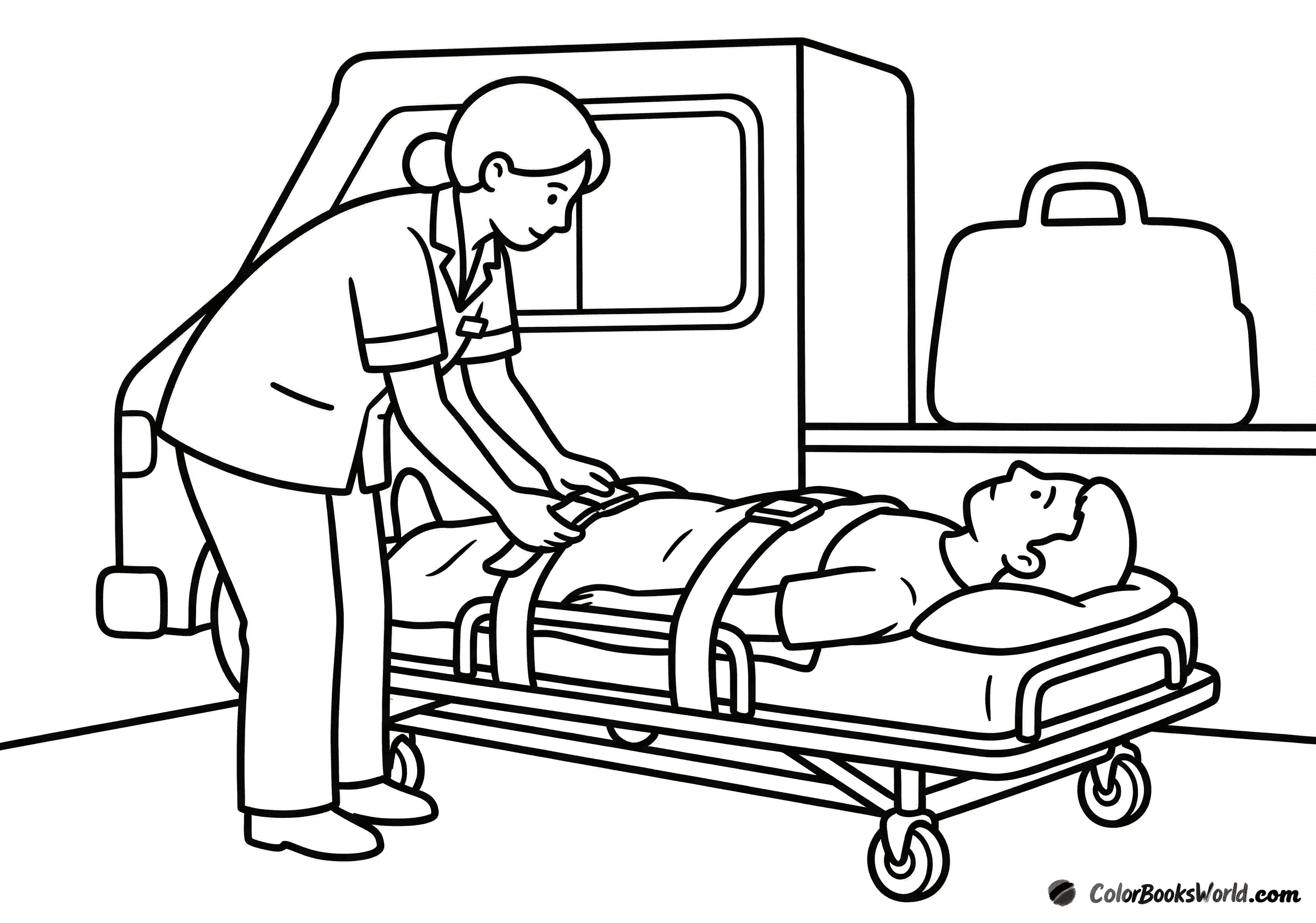 A nurse in uniform secures a patient on a stretcher inside an ambulance.