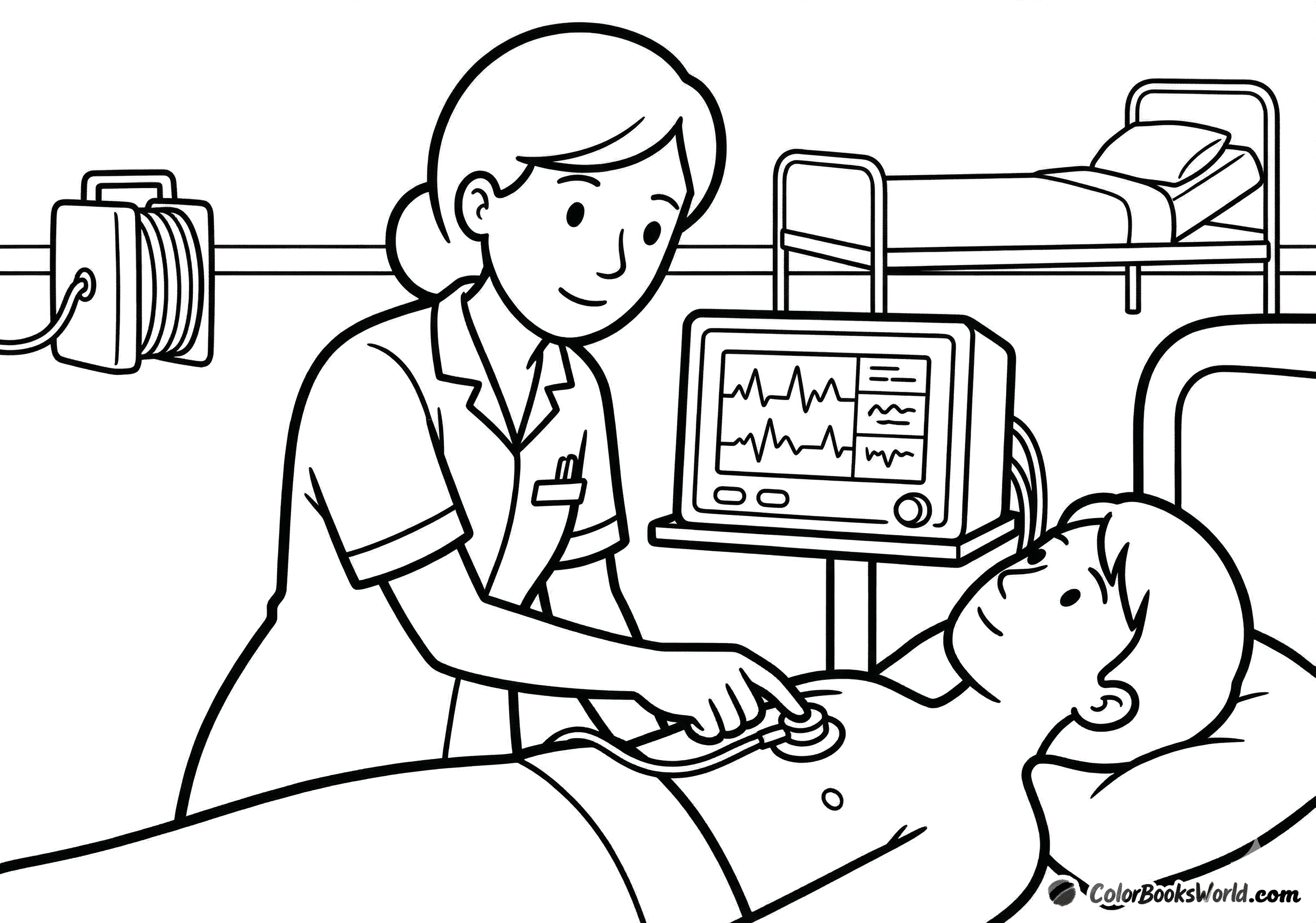 Una enfermera coloca electrodos de EKG a un paciente junto a un monitor cardíaco en una sala clínica.