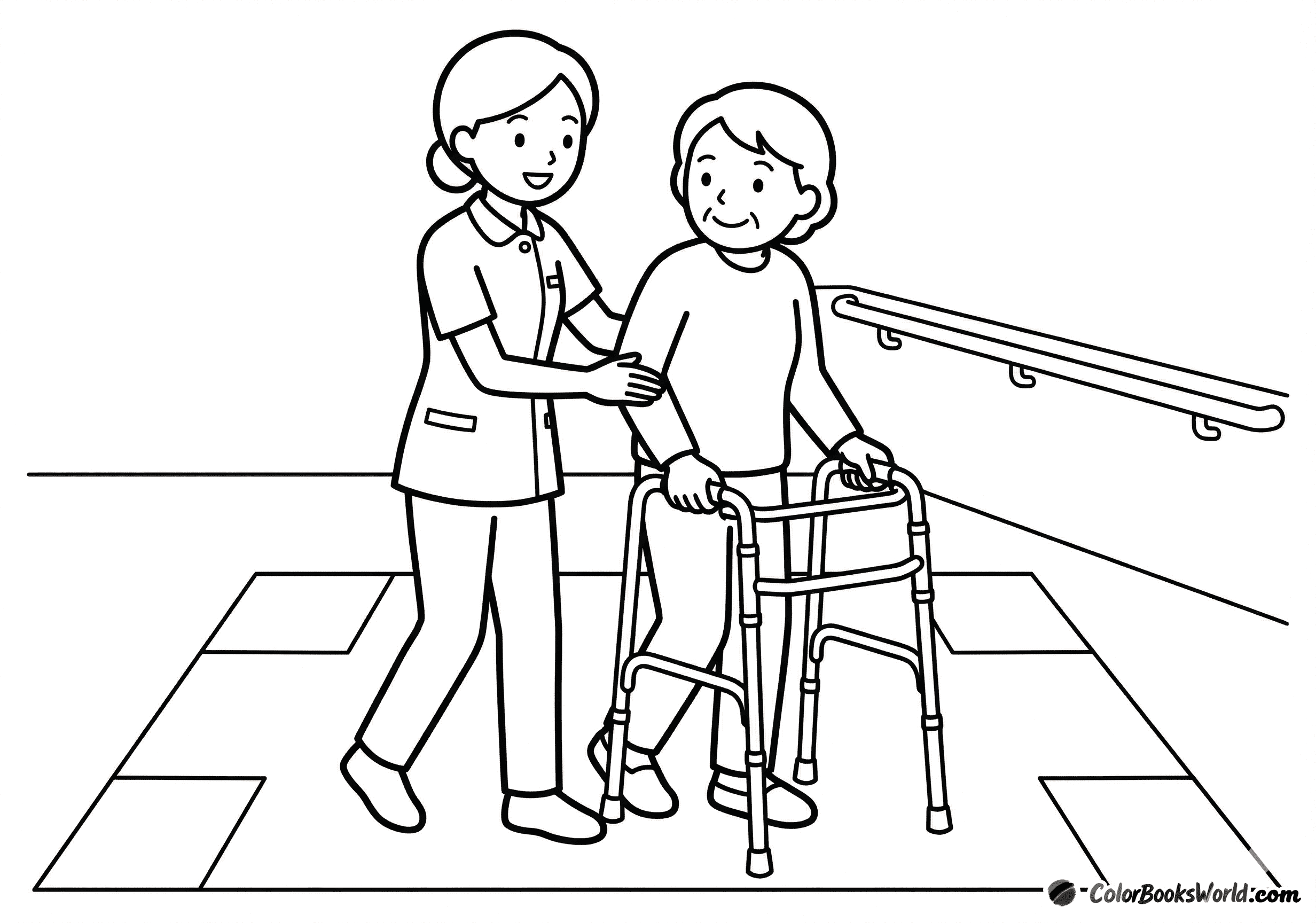 A nurse supports a patient as they practice walking with a walker in a hospital corridor.