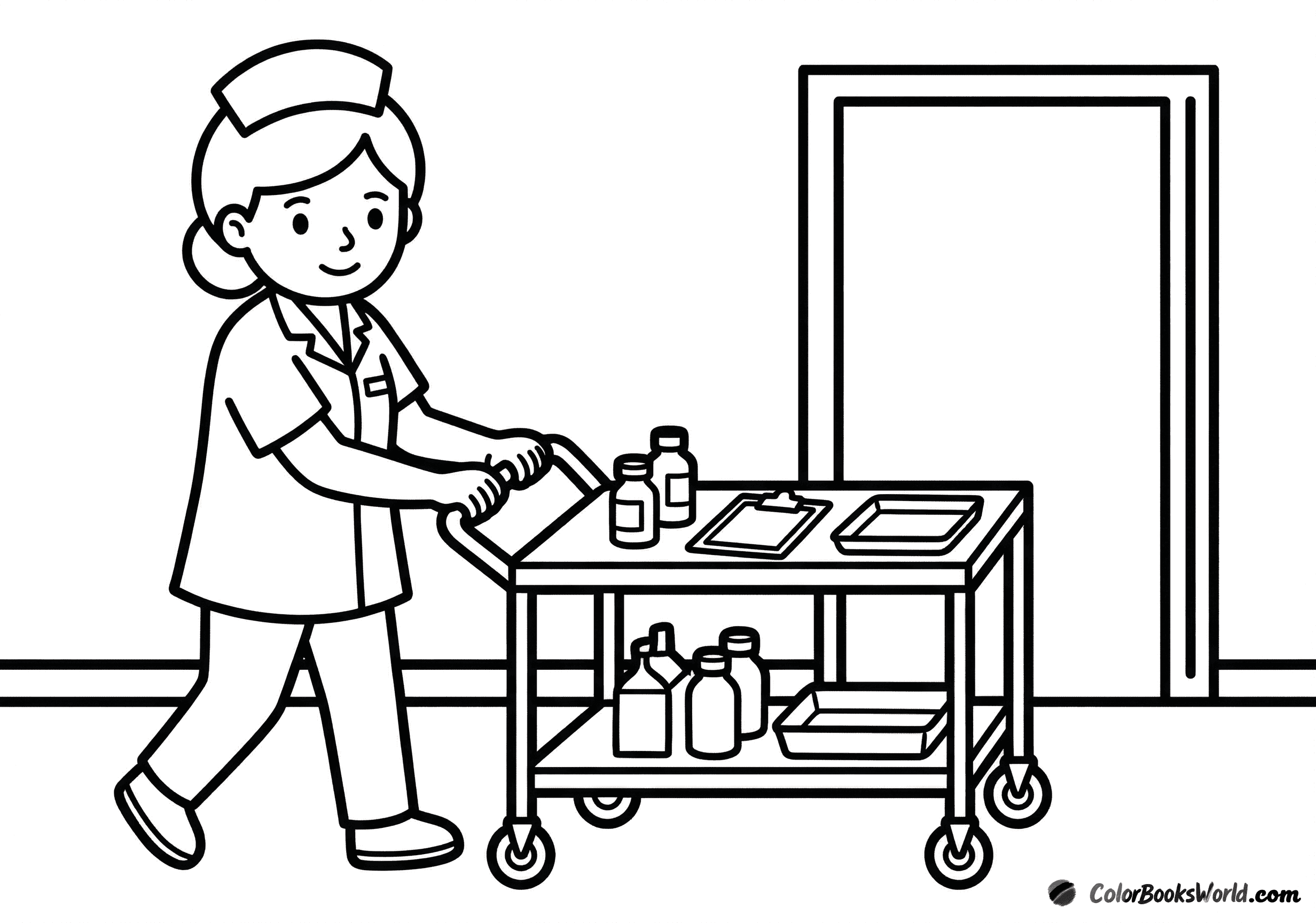 Eine Krankenschwester schiebt einen Medizinwagen mit Material durch einen Krankenhausflur.