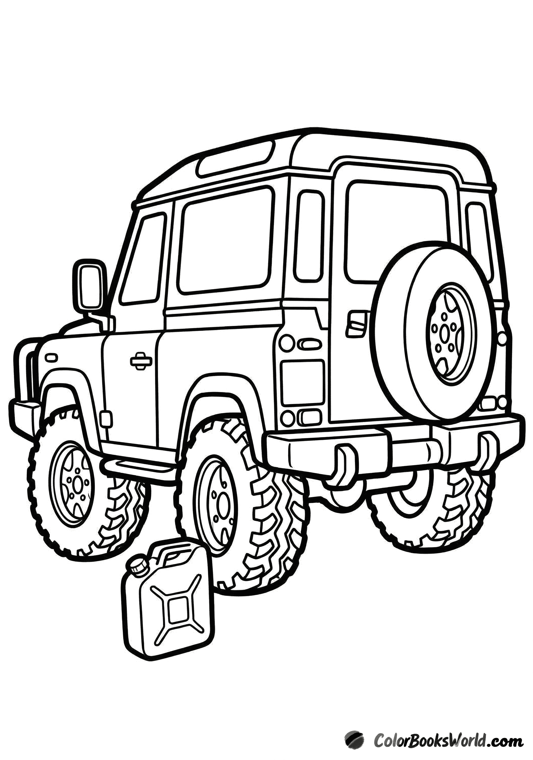 Robust offroad 4x4-ambulance med brede dæk, reservehjul bagpå og en dunk ved siden af.