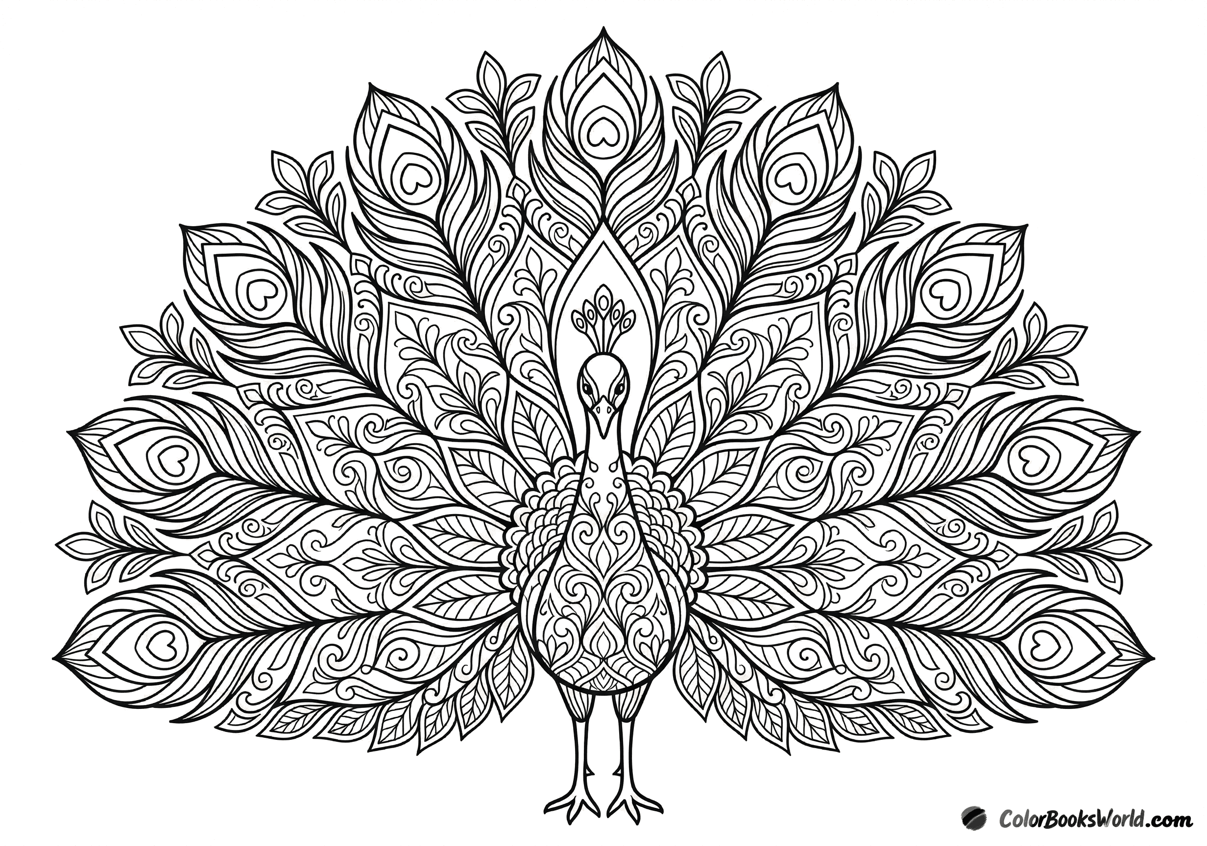 Stylized peacock with a fully fanned, symmetrical tail filled with layered eye motifs and floral filigree.