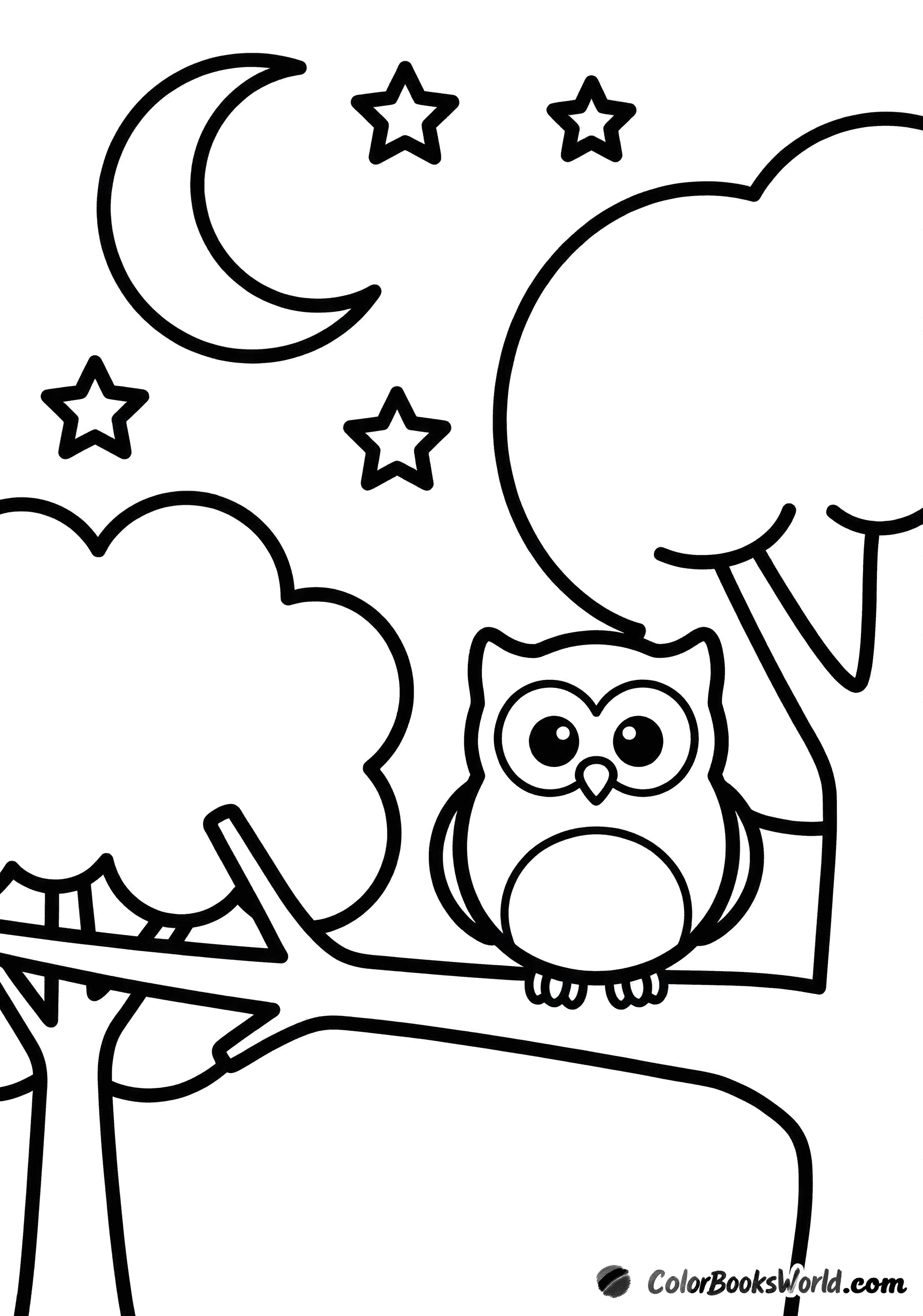 A stylized owl perched on a branch beneath a crescent moon and large stars above treetops.
