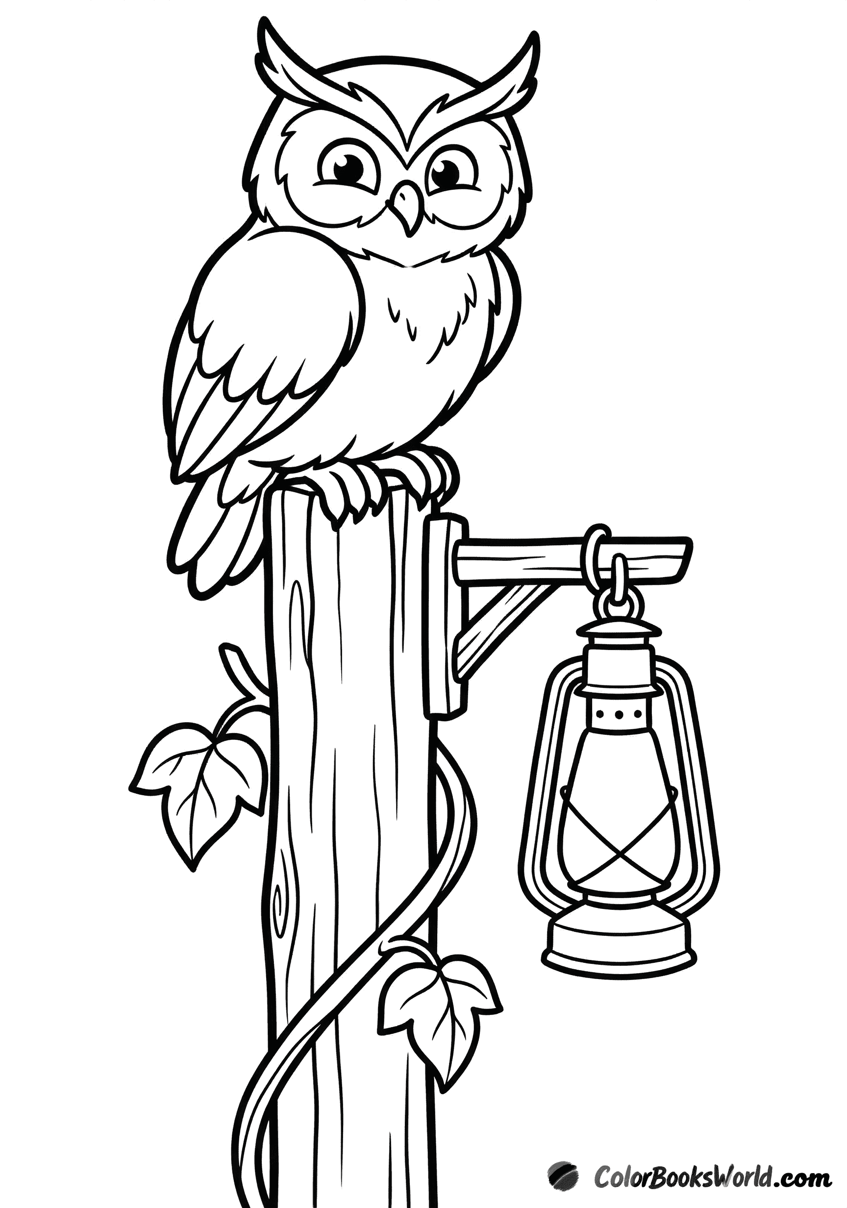 A cute owl sits atop a wooden garden post with a vintage lantern hanging beside it.