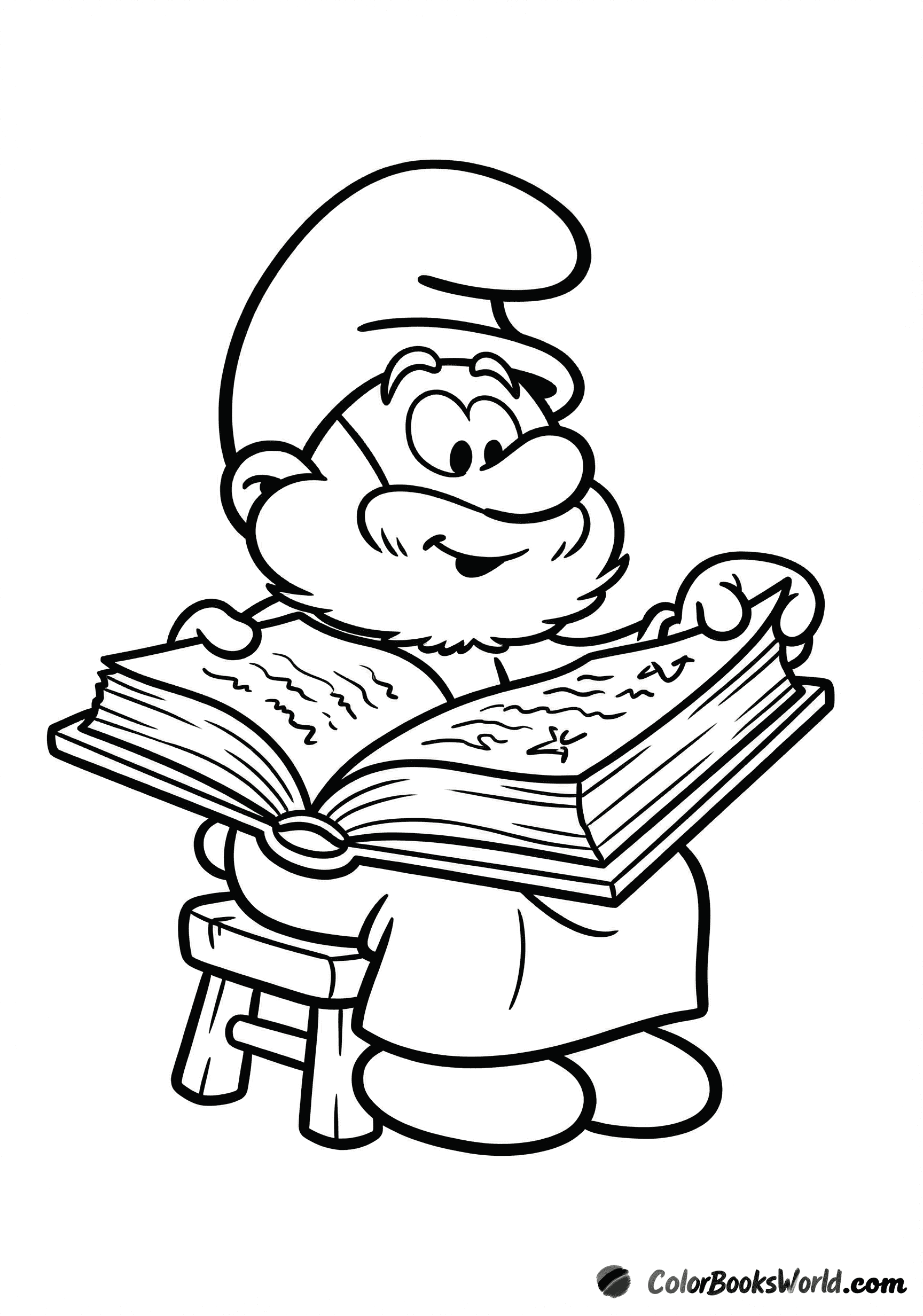 Papa Smurf sits on a wooden stool, reading a large open book.