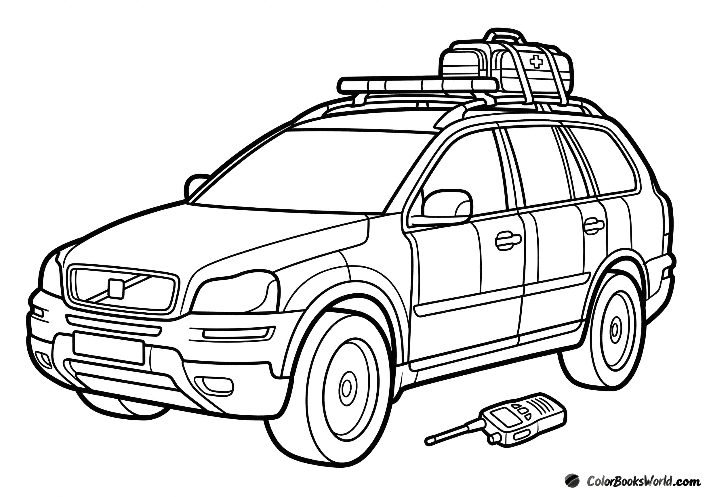 Rapid response paramedic SUV with a medical bag on the roof rack and a handheld radio nearby.