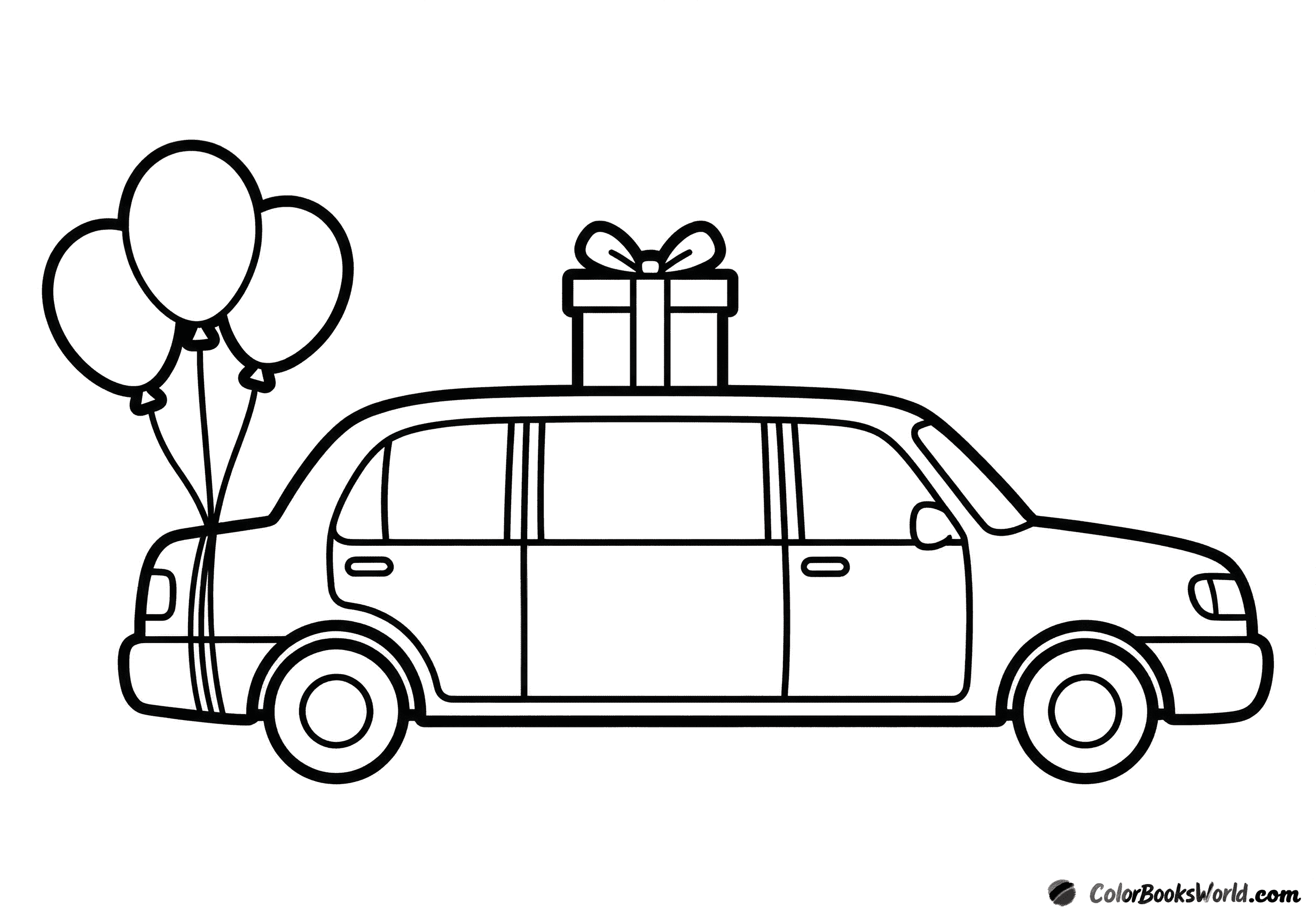 A long cartoon limousine in side view with three balloons and a gift box on the roof.