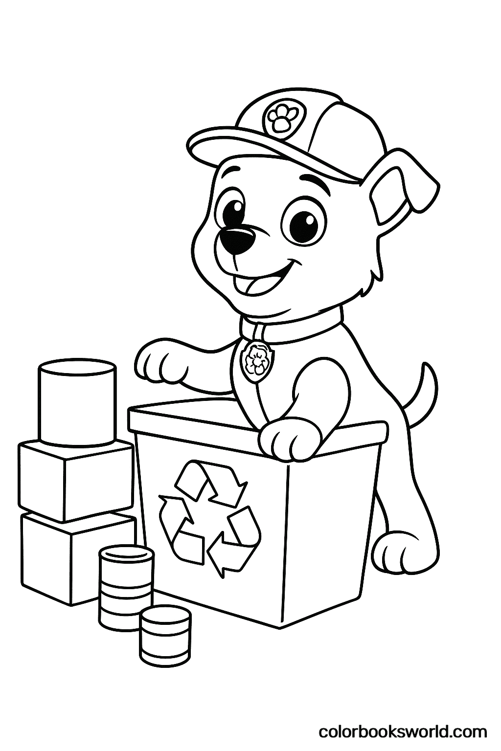 Rocky sorts cans and boxes beside a recycling bin marked with the recycling symbol.