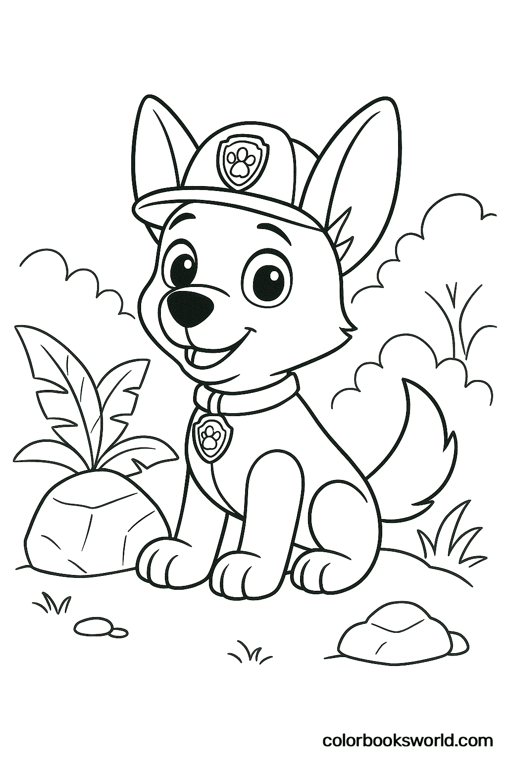 Tracker sits in a jungle clearing among tropical plants and rocks.