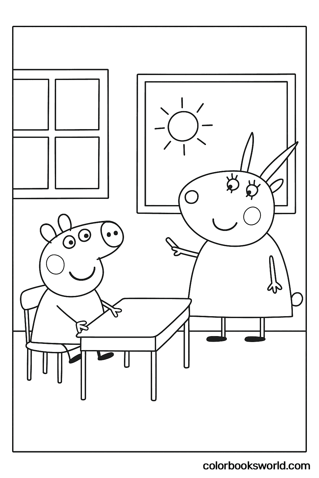 Peppa sits at a school desk as the teacher points to the board, with sunlight through the window.