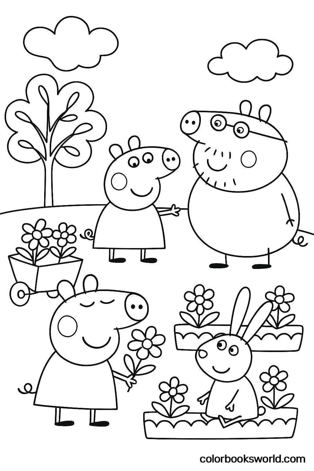 Peppa with Mummy and Daddy Pig as Rebecca Rabbit sits in flower boxes beside a wagon of blooms.