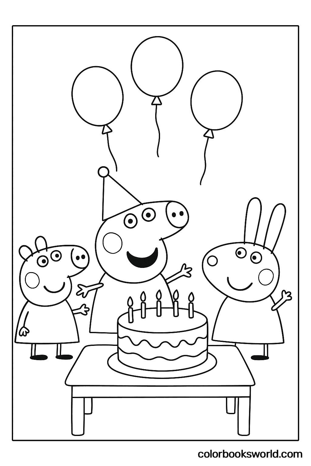 Peppa in a party hat stands behind a birthday cake on a table, with balloons above and friends on both sides.