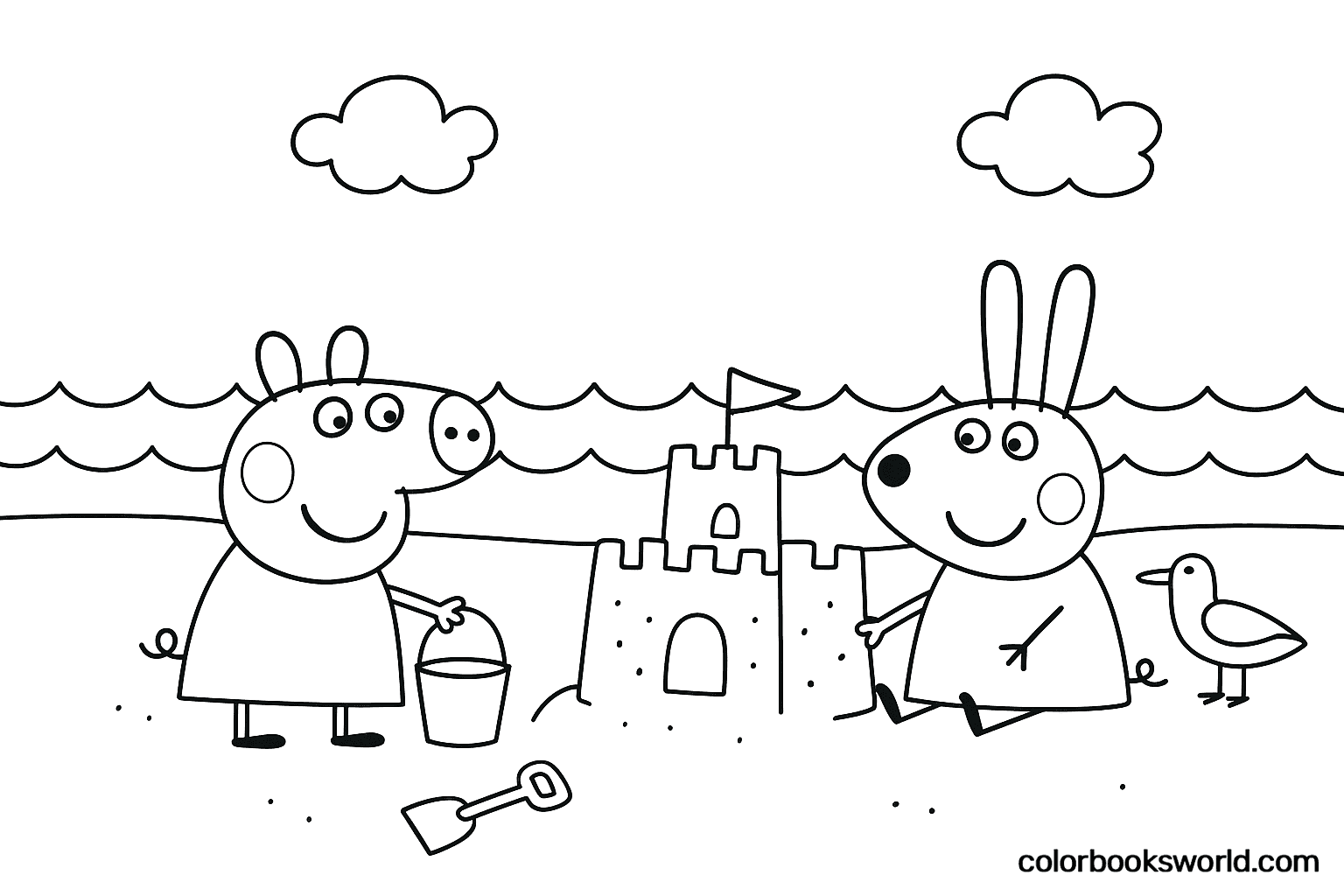 Peppa Pig et Rebecca Rabbit construisent un château de sable au bord de la mer, avec un seau, une pelle et une mouette.