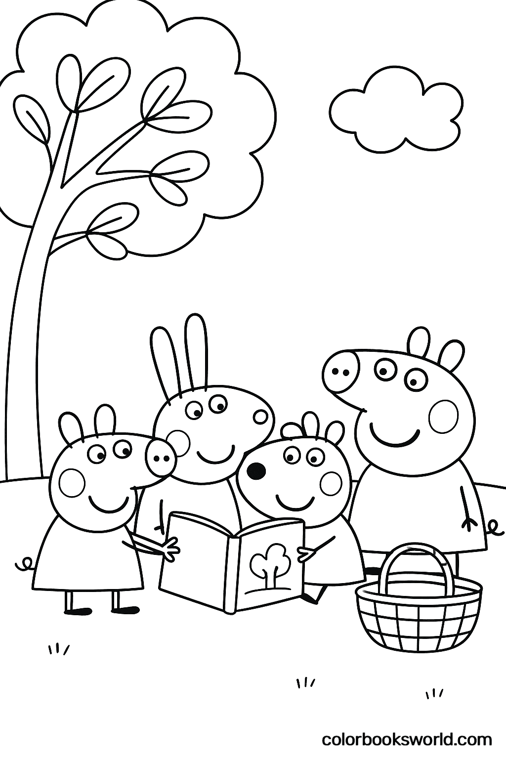 Peppa Pig, Rebecca Rabbit and Suzy Sheep read a book under a tree, with Mummy Pig and a picnic basket nearby.