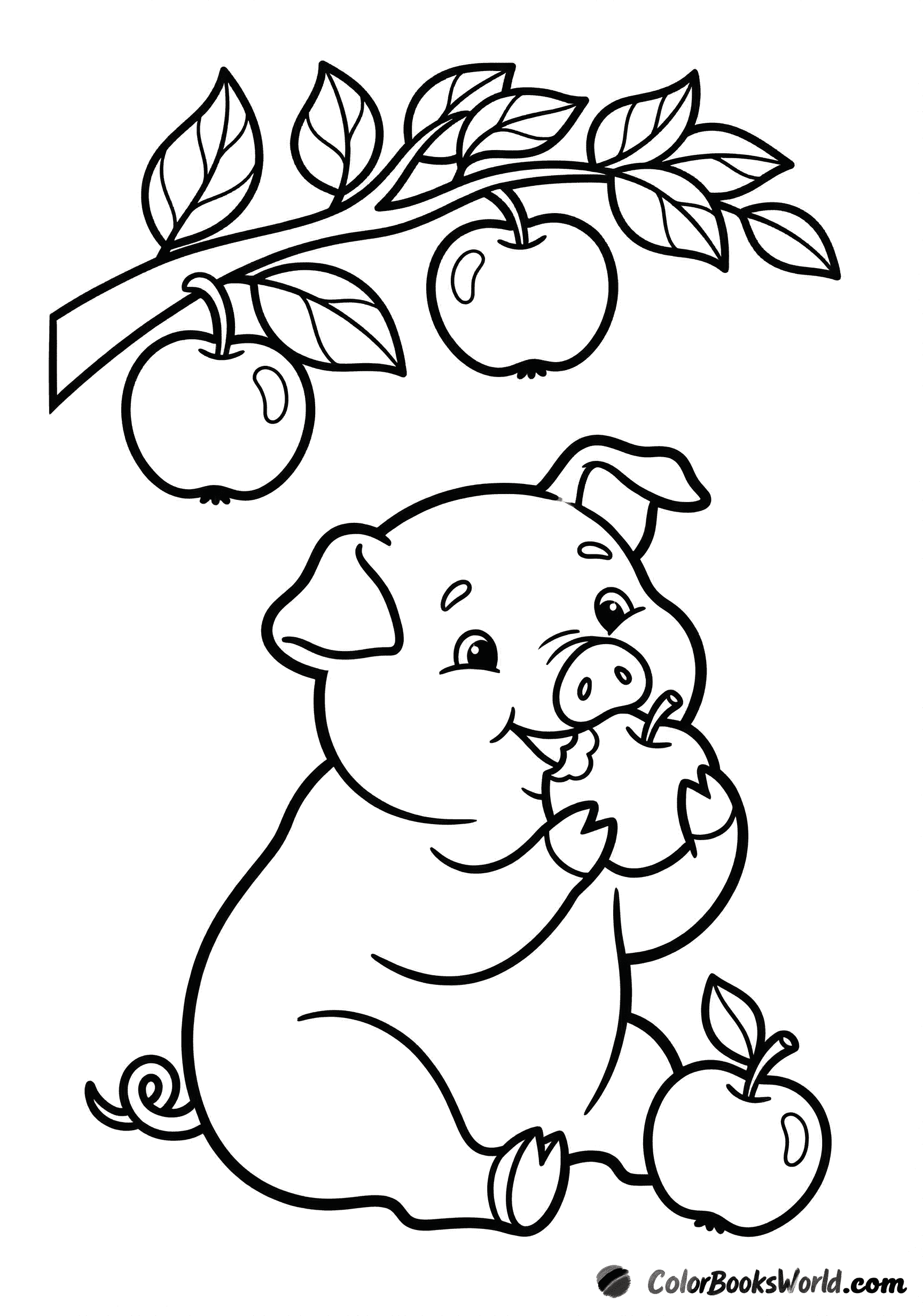 A happy pig sits under an apple tree branch, nibbling an apple, with two apples above and one on the ground.