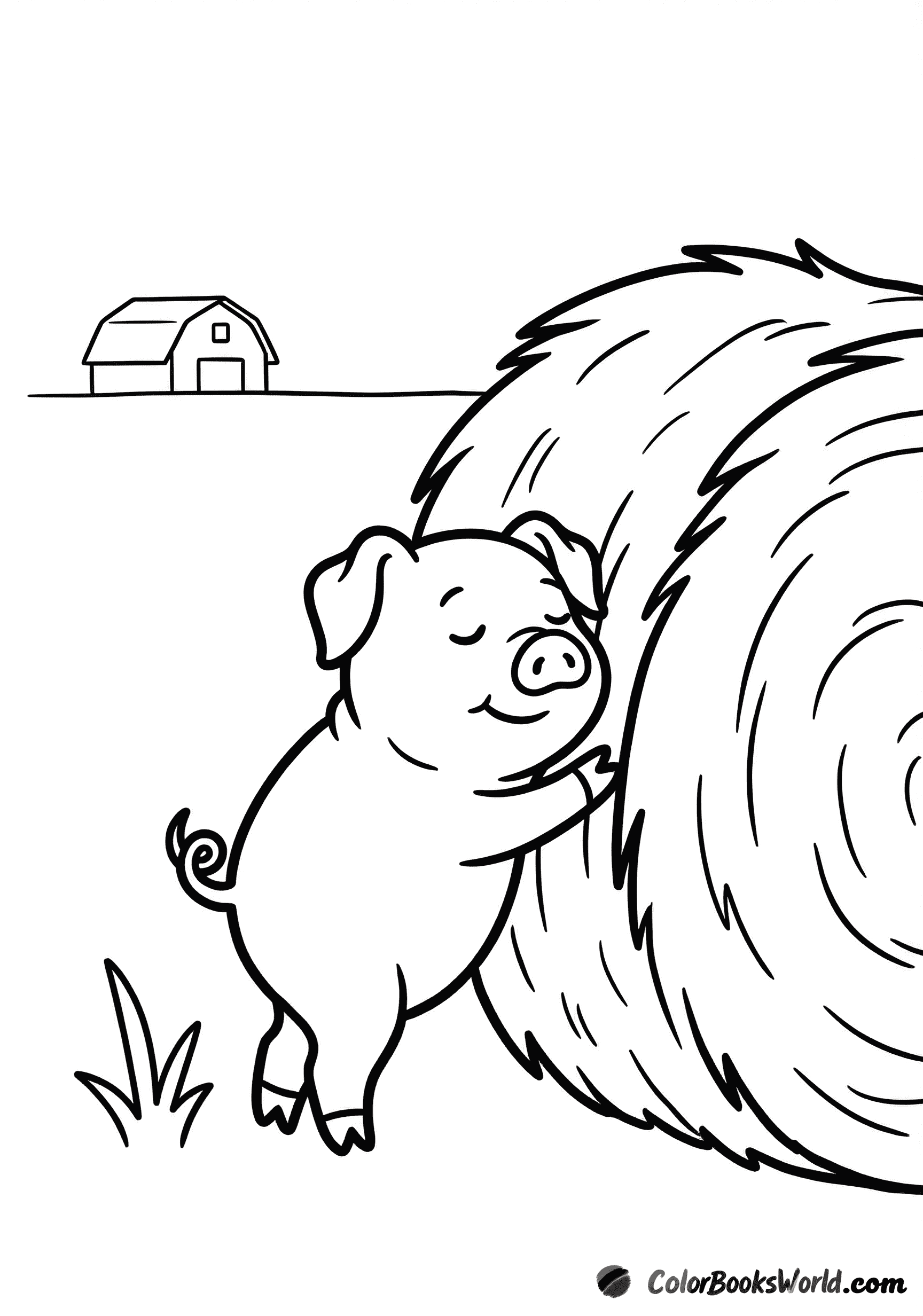 A sleepy piglet leans against a round haystack, with a barn silhouette in the distance.