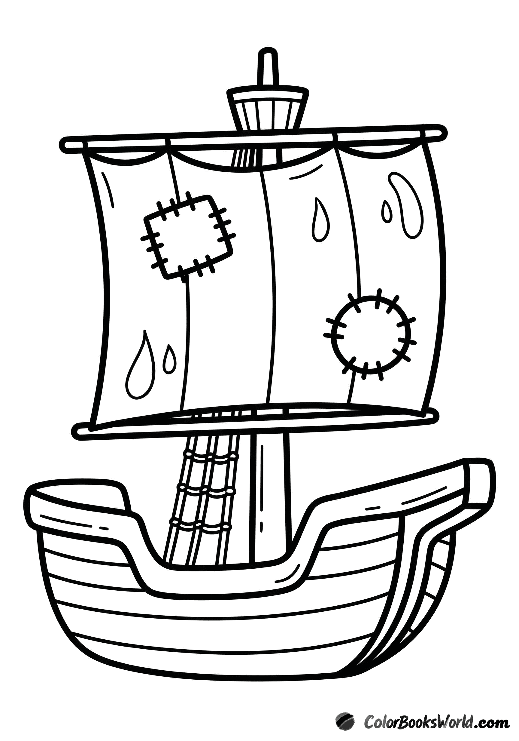 Cartoon pirate ship with a patched sail and a rope ladder hanging from the mast.