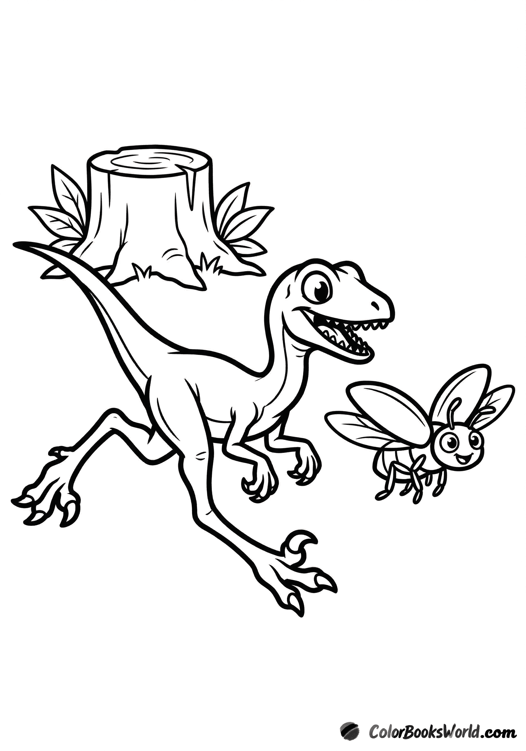 A tiny cartoon compsognathus runs after a friendly insect beside a tree stump.