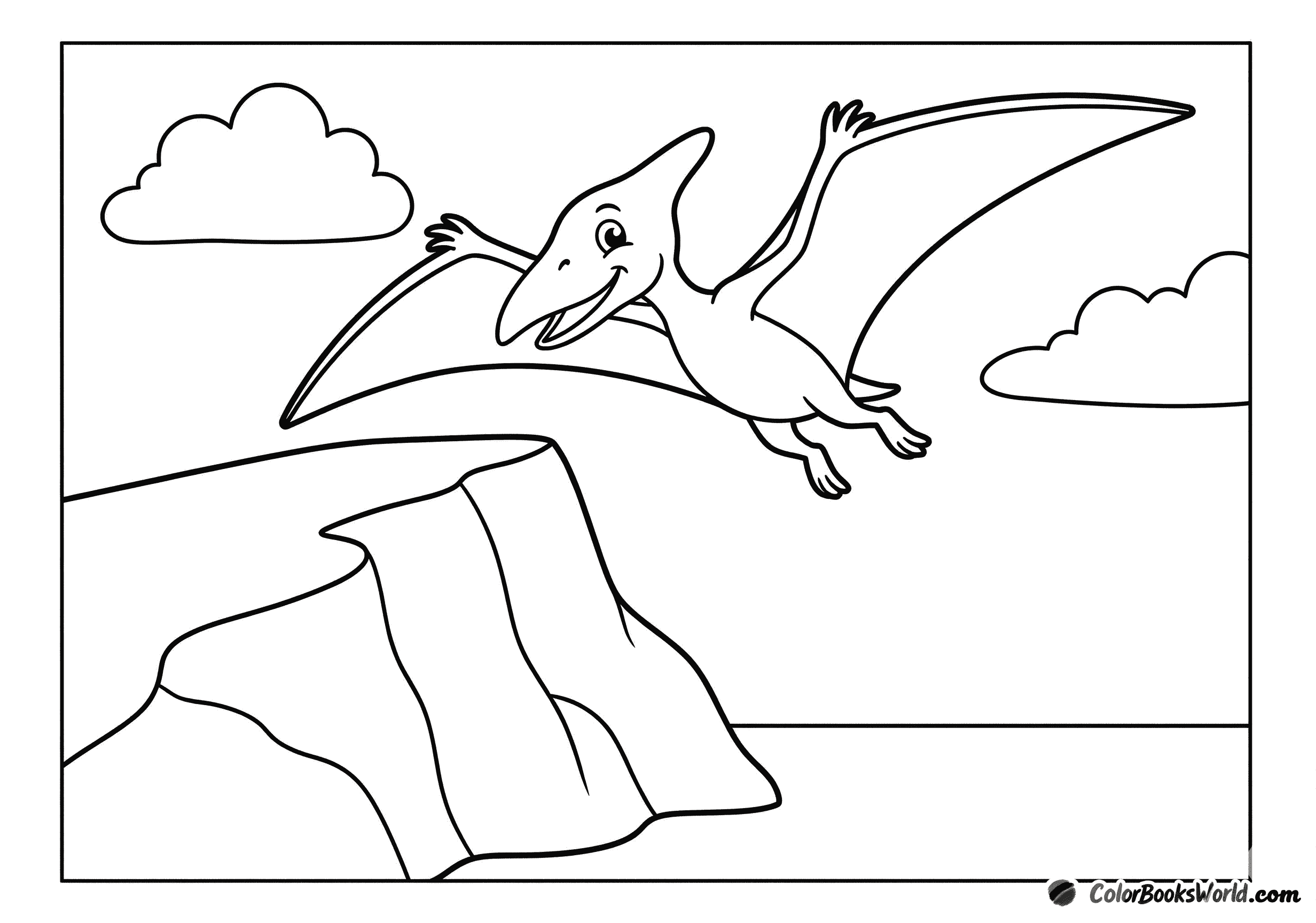 A cartoon pteranodon glides above a seaside cliff with two simple clouds in the sky.