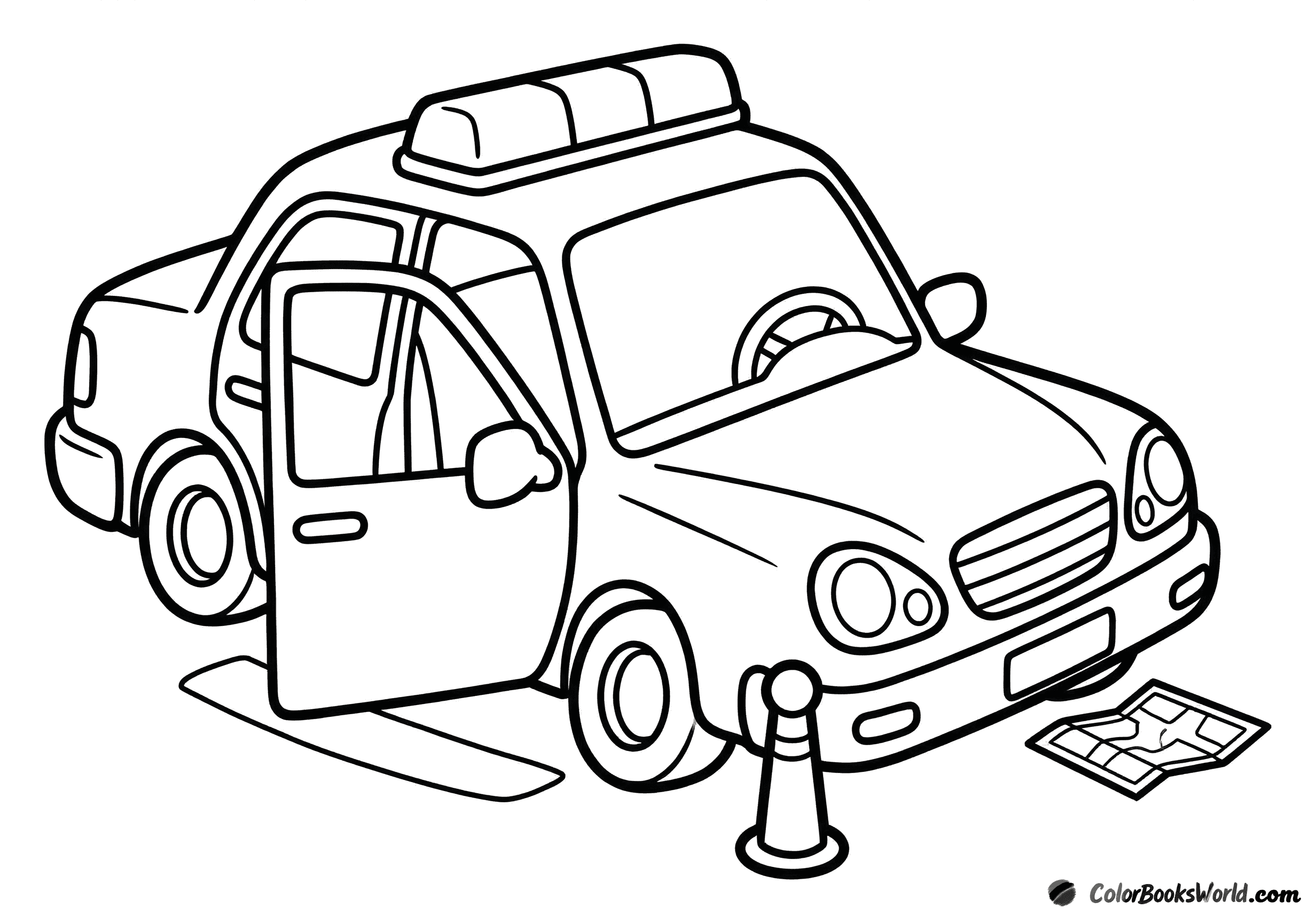 Cartoon police car in 3/4 view with the driver door open, a parking bollard, and a paper map.