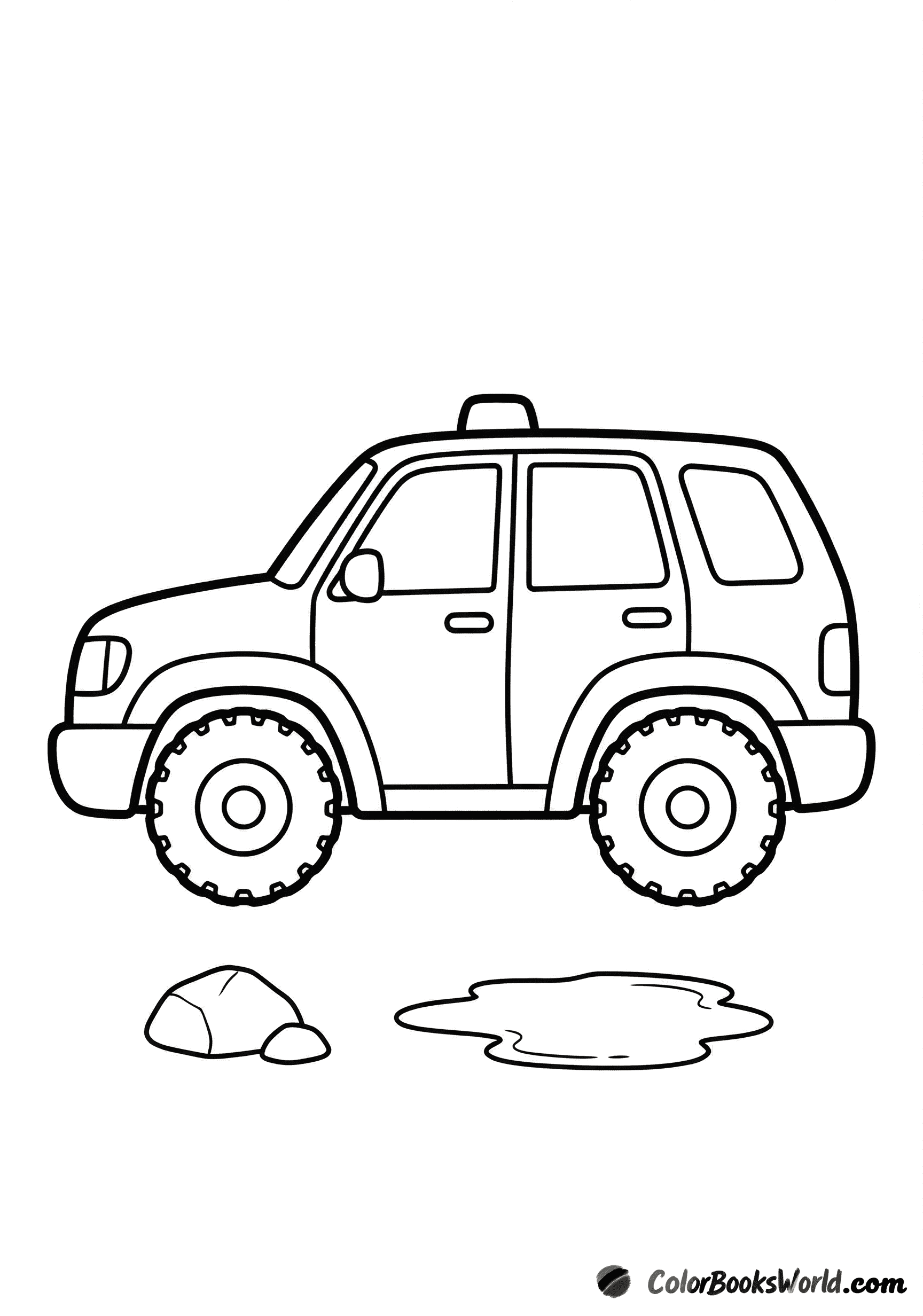Side-view cartoon police SUV with oversized tires, a small rock, and a puddle outline.