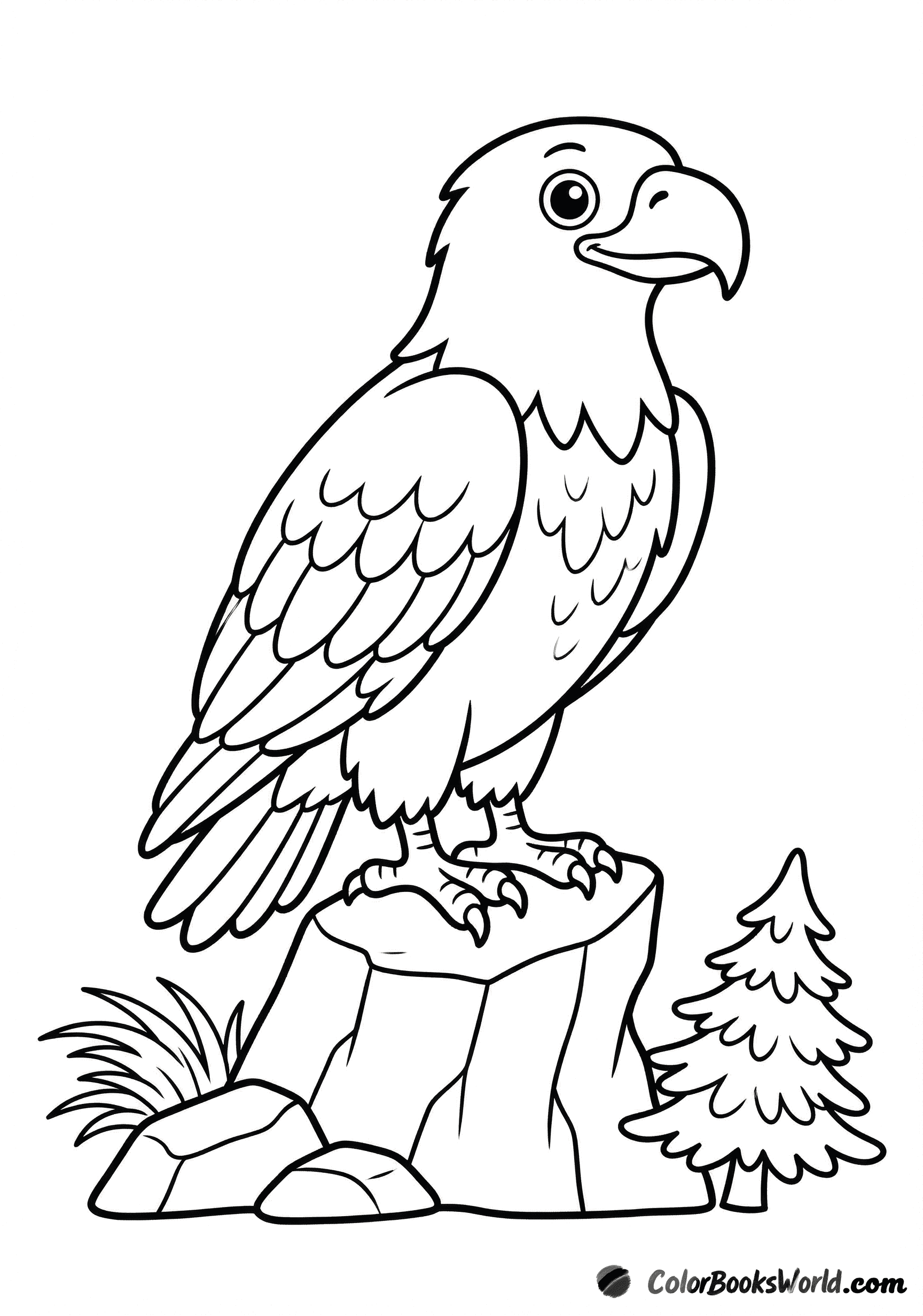 Cartoon adult eagle perched on a rocky ledge beside a small pine sapling and grass.