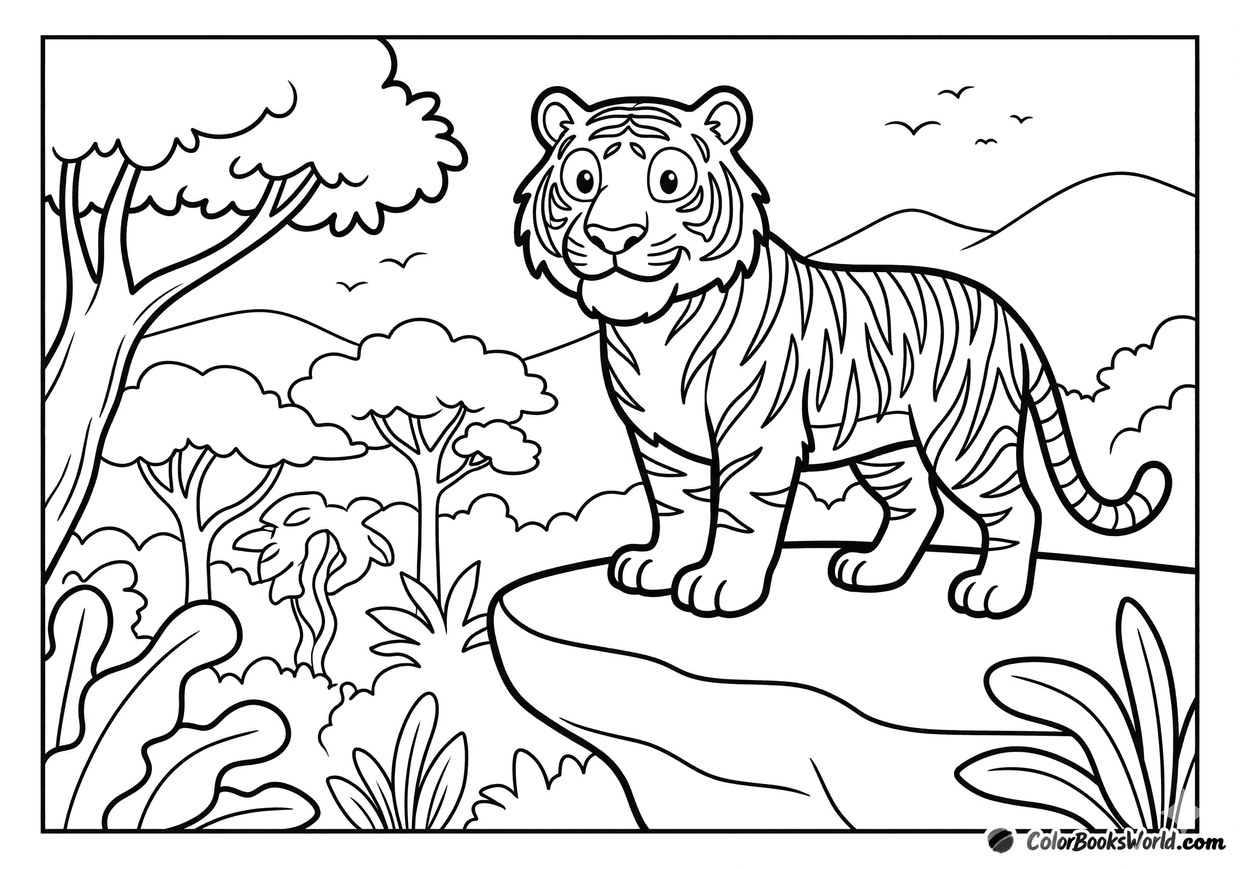 An adult tiger stands on a rocky ledge, overlooking the jungle with birds in the distance.