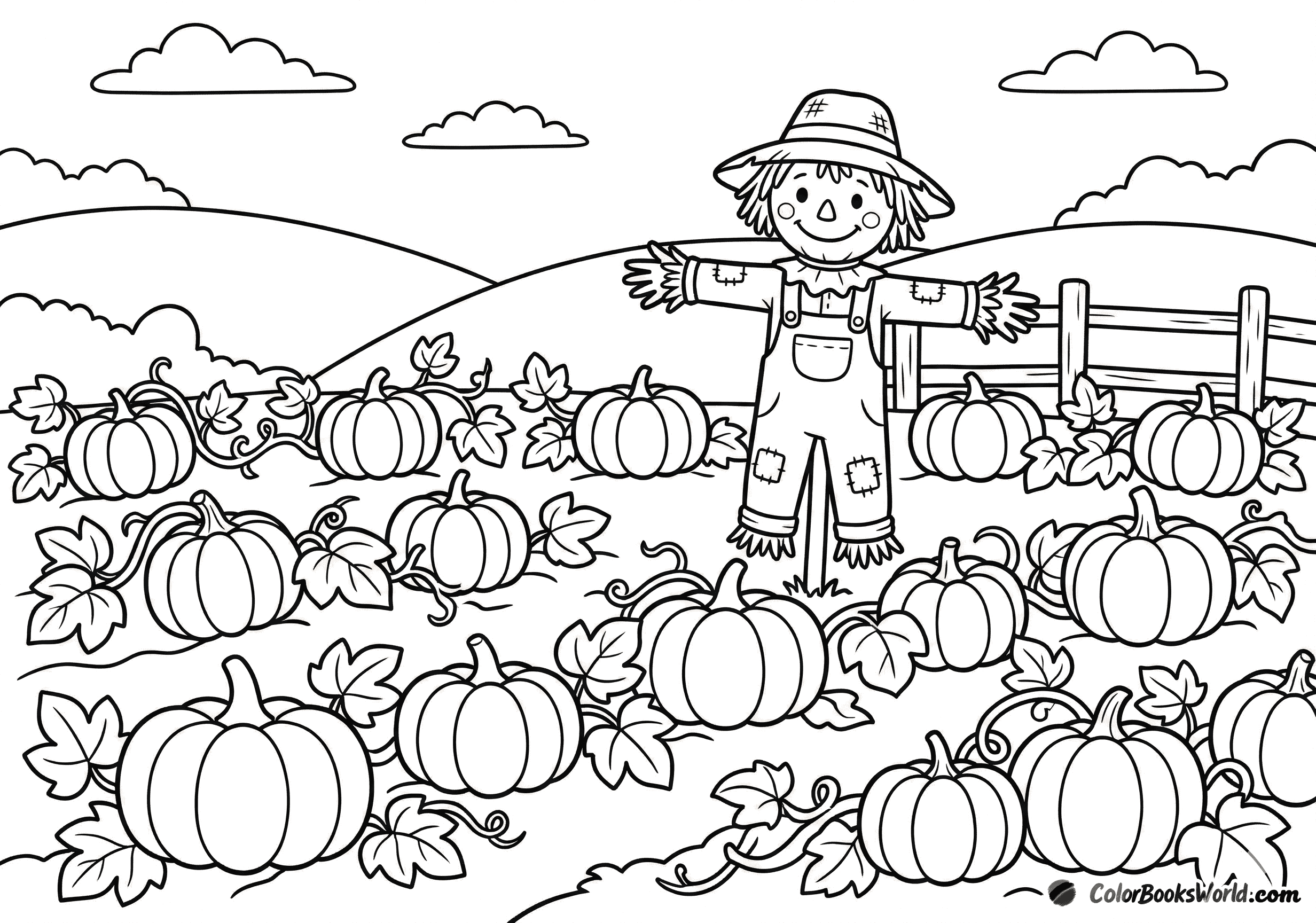 Smiling scarecrow in a pumpkin patch with rows of pumpkins and a small fence.