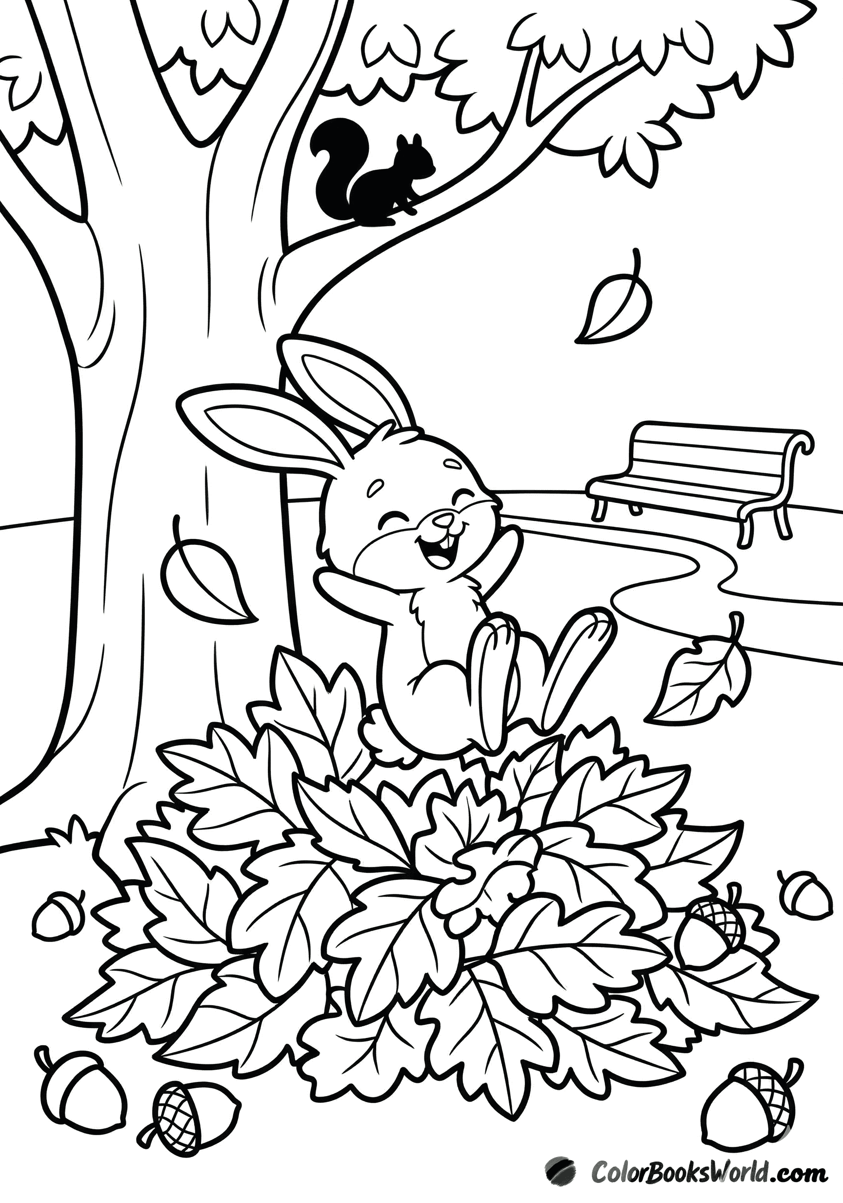 A cartoon rabbit jumps into a big pile of fallen autumn leaves under a tree in a park.