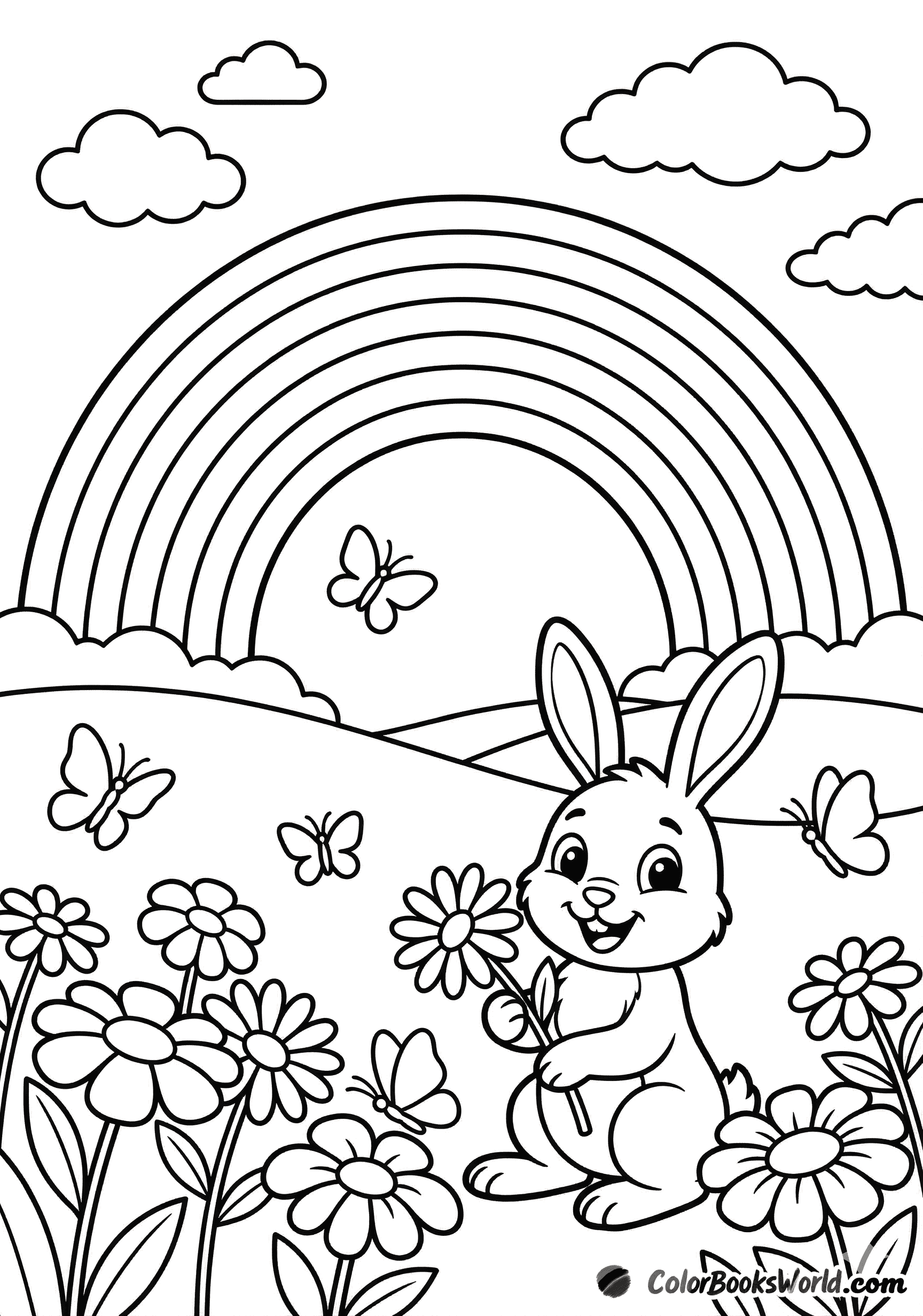 A smiling rabbit holding a daisy beneath a large rainbow in a flower meadow with butterflies.