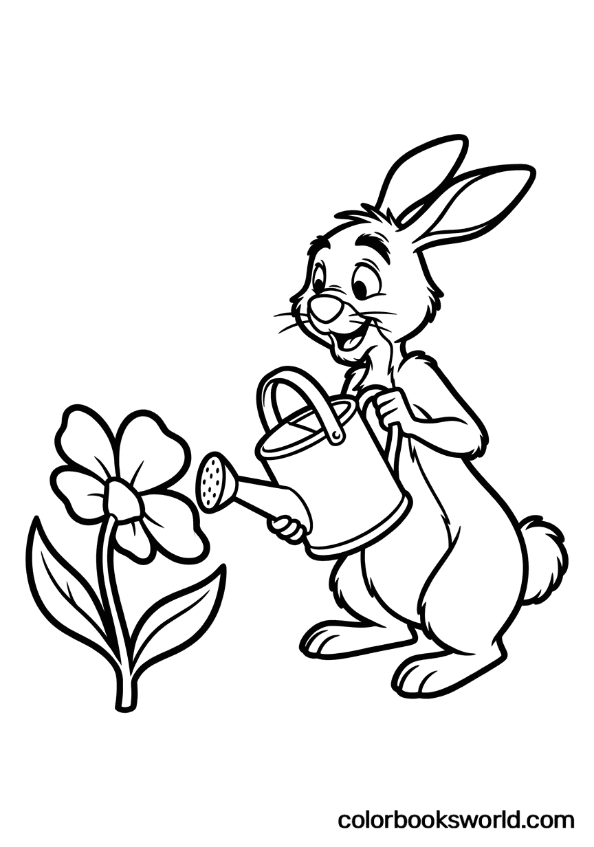 En glad kanin vander en stor blomst med en vandkande.