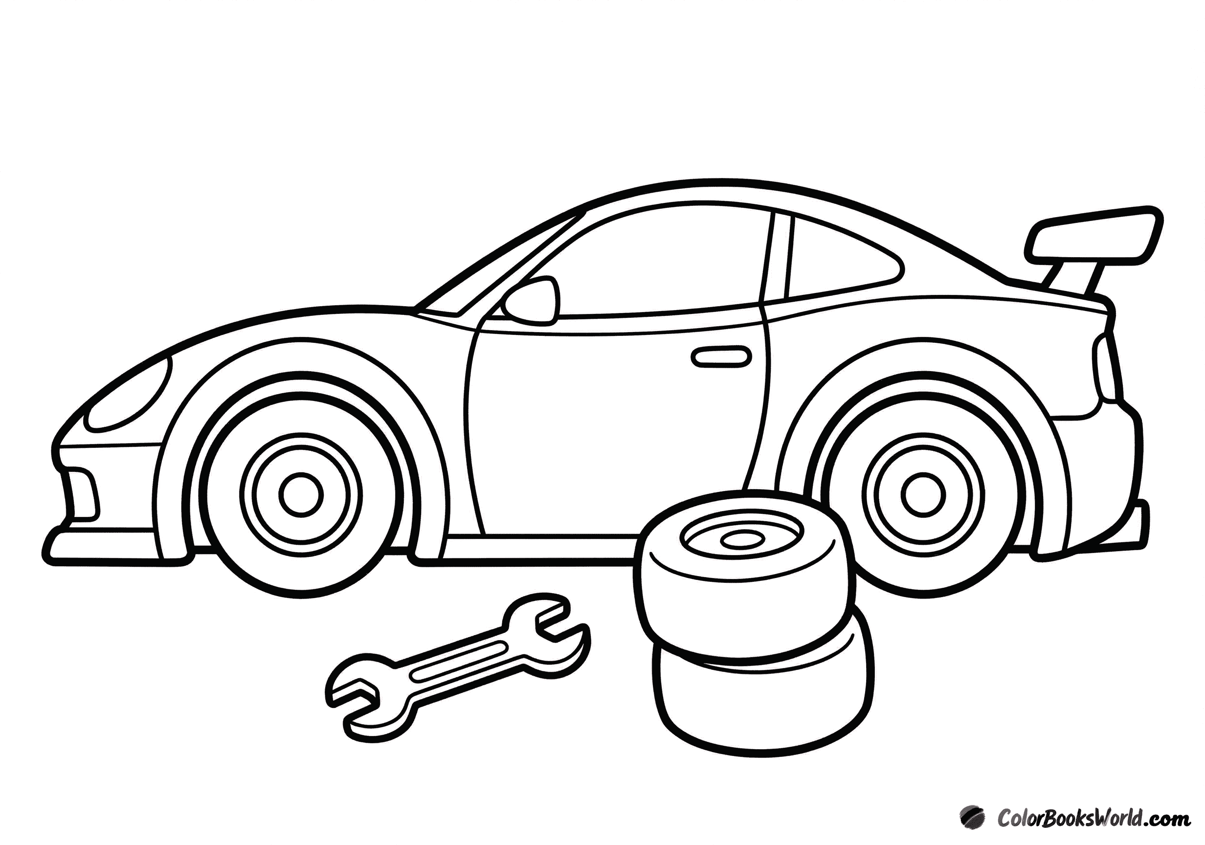 Cartoon race car in side view with a spoiler, two spare tires, and a wrench.