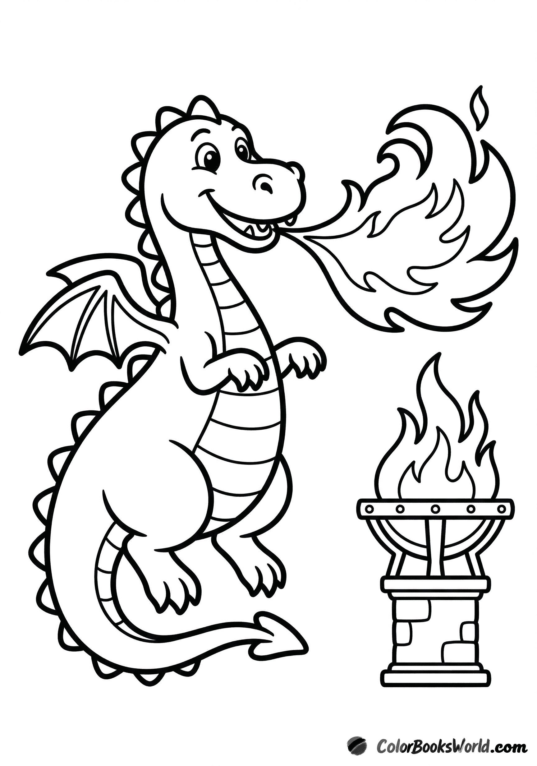 A playful dragon rears up and breathes fire to light a brazier on a pedestal.