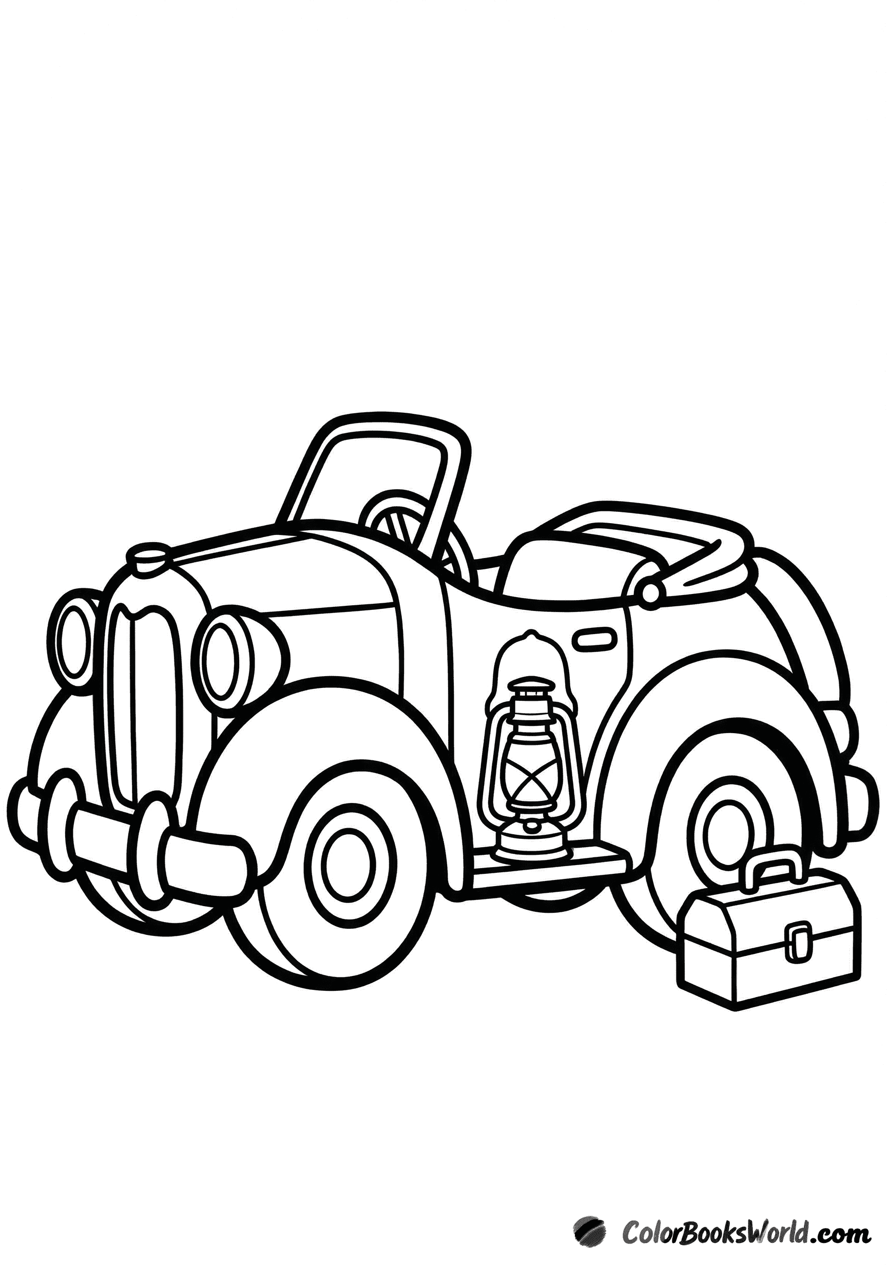 Cartoon retro roadster in side view with a classic lantern and a small toolbox.