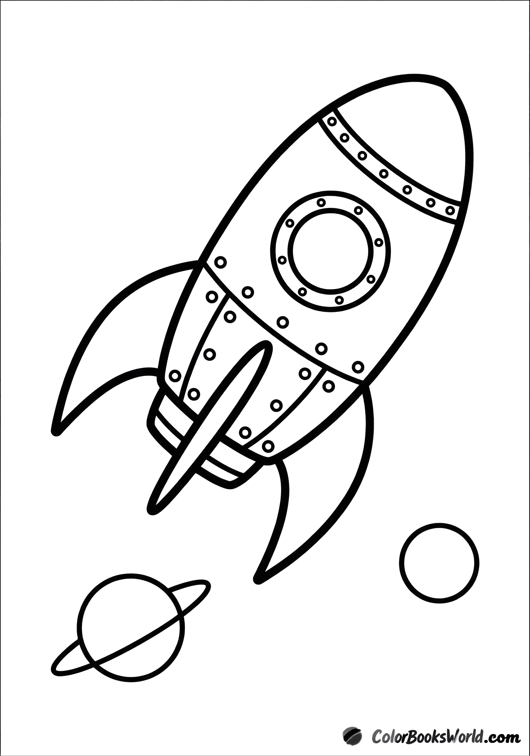 A retro rocket ship floats in space beside two small planets, one with a ring.