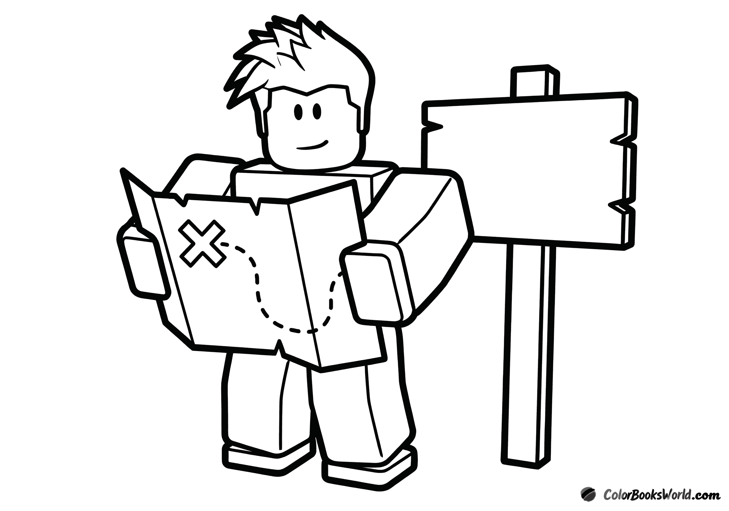 A Roblox avatar holds a treasure map with an X, standing beside a simple signpost.
