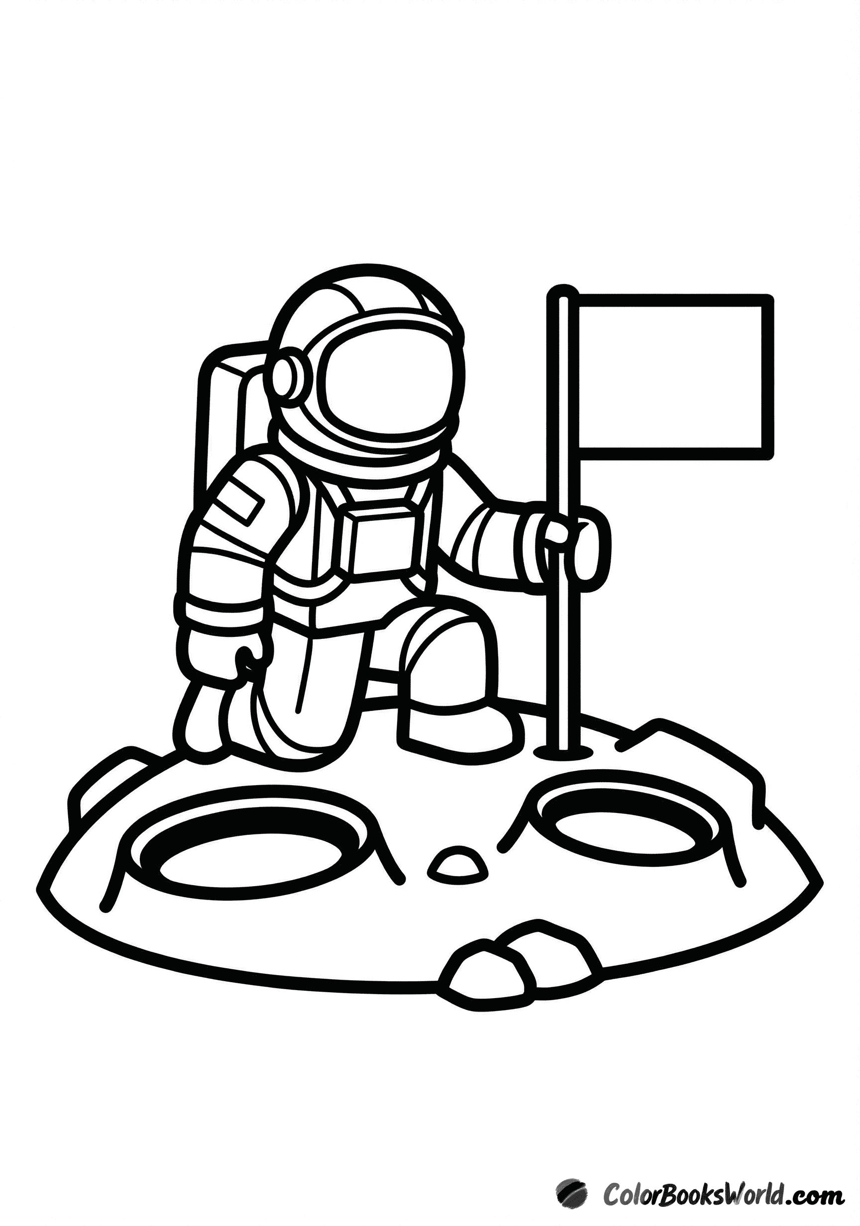 A Roblox astronaut avatar kneels on the moon, planting a flag beside simple craters.
