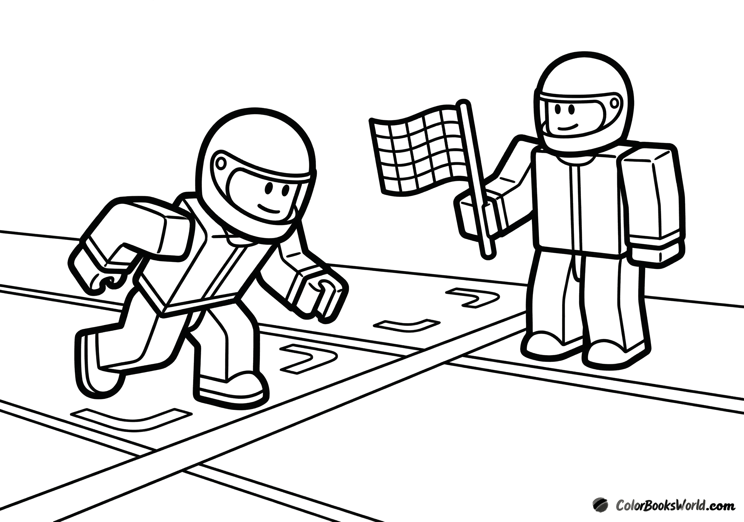 Two Roblox avatars in racing outfits crouch at a track start line, one holding a checkered flag.