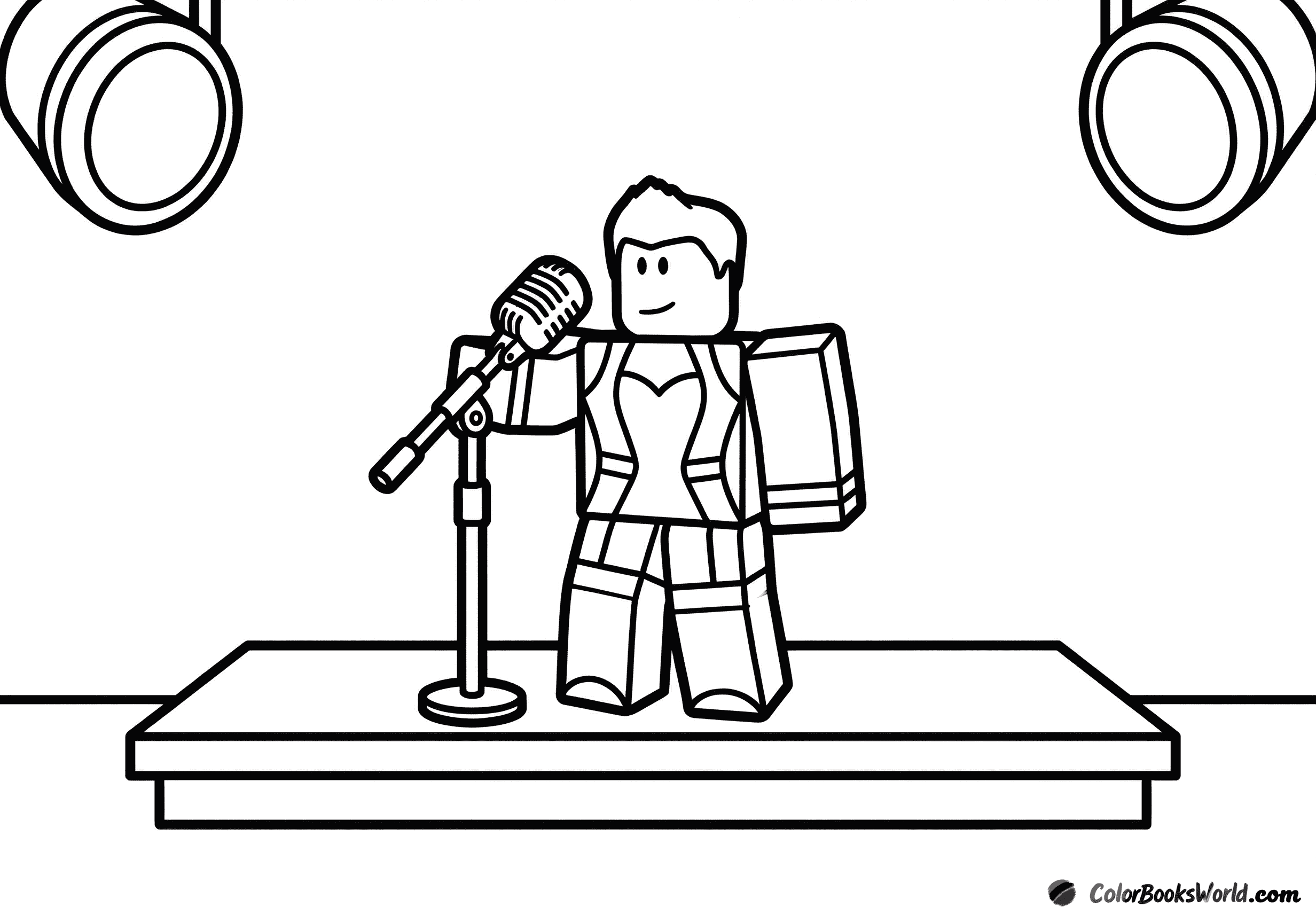 Ein Roblox-Sänger-Avatar steht auf der Bühne mit Mikrofonständer und Scheinwerfern.